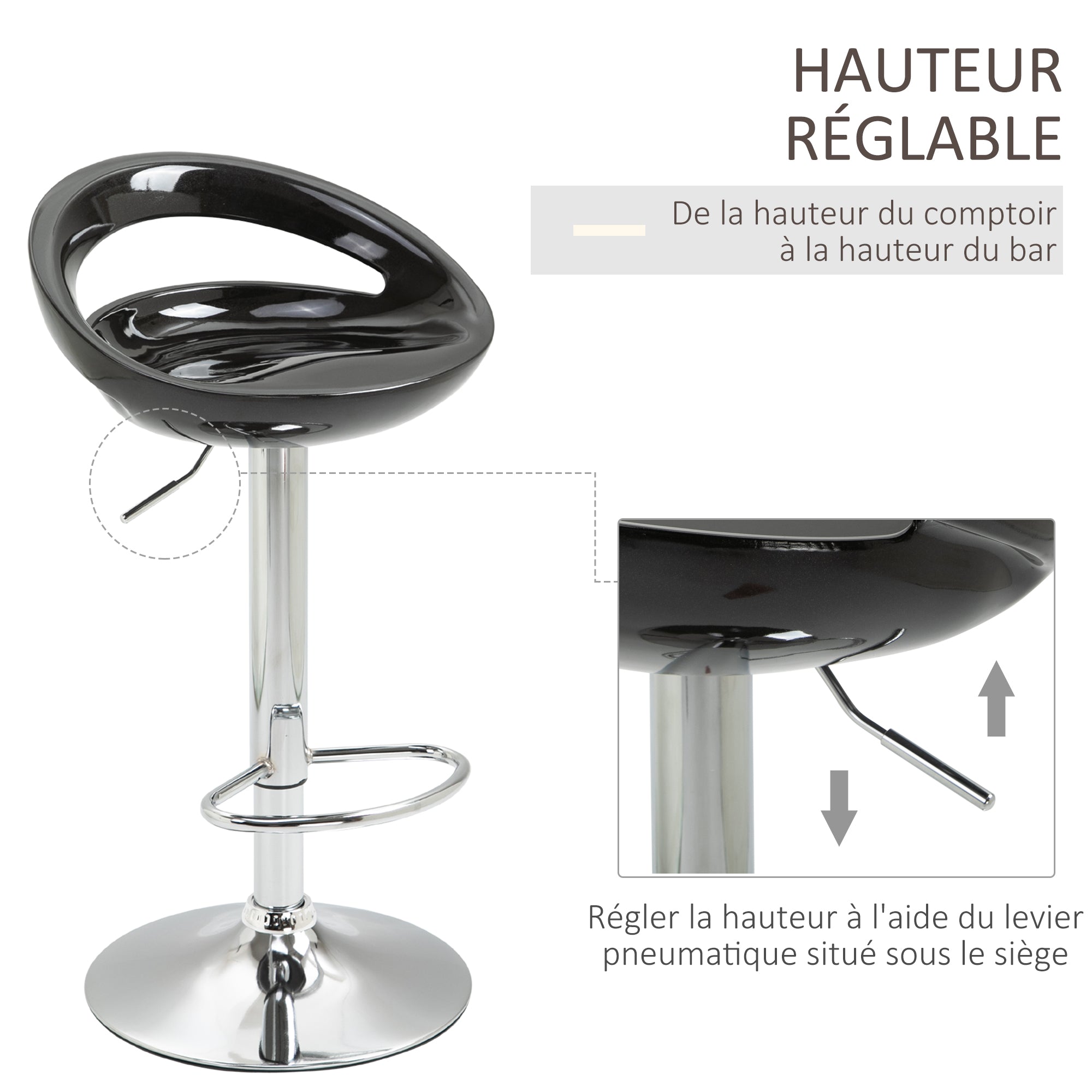 Lot de 2 tabourets de bar, chaises de bar réglable en hauteur, chaise haute cuisine avec dossier, repose-pieds, pivotant 360°, ABS et métal, pour salle à manger, comptoir, 46x41x76-96cm, noir