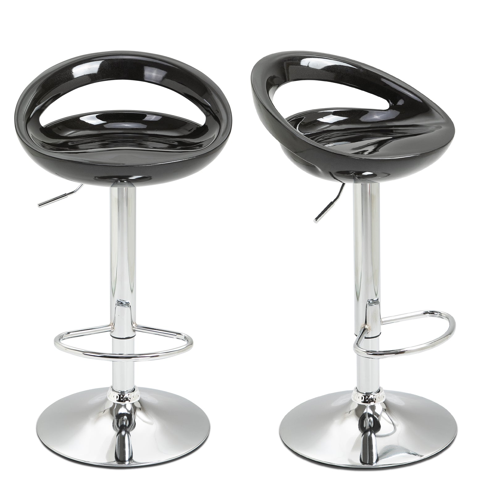Lot de 2 tabourets de bar, chaises de bar réglable en hauteur, chaise haute cuisine avec dossier, repose-pieds, pivotant 360°, ABS et métal, pour salle à manger, comptoir, 46x41x76-96cm, noir