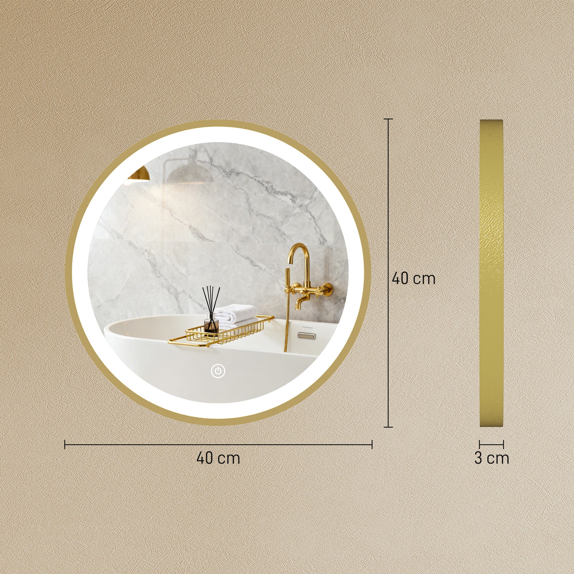 Miroir salle de bain avec éclairage LED rond 40 cm, miroir lumineux mural à 3 températures de couleur, luminosité réglable, interrupteur tactile, doré