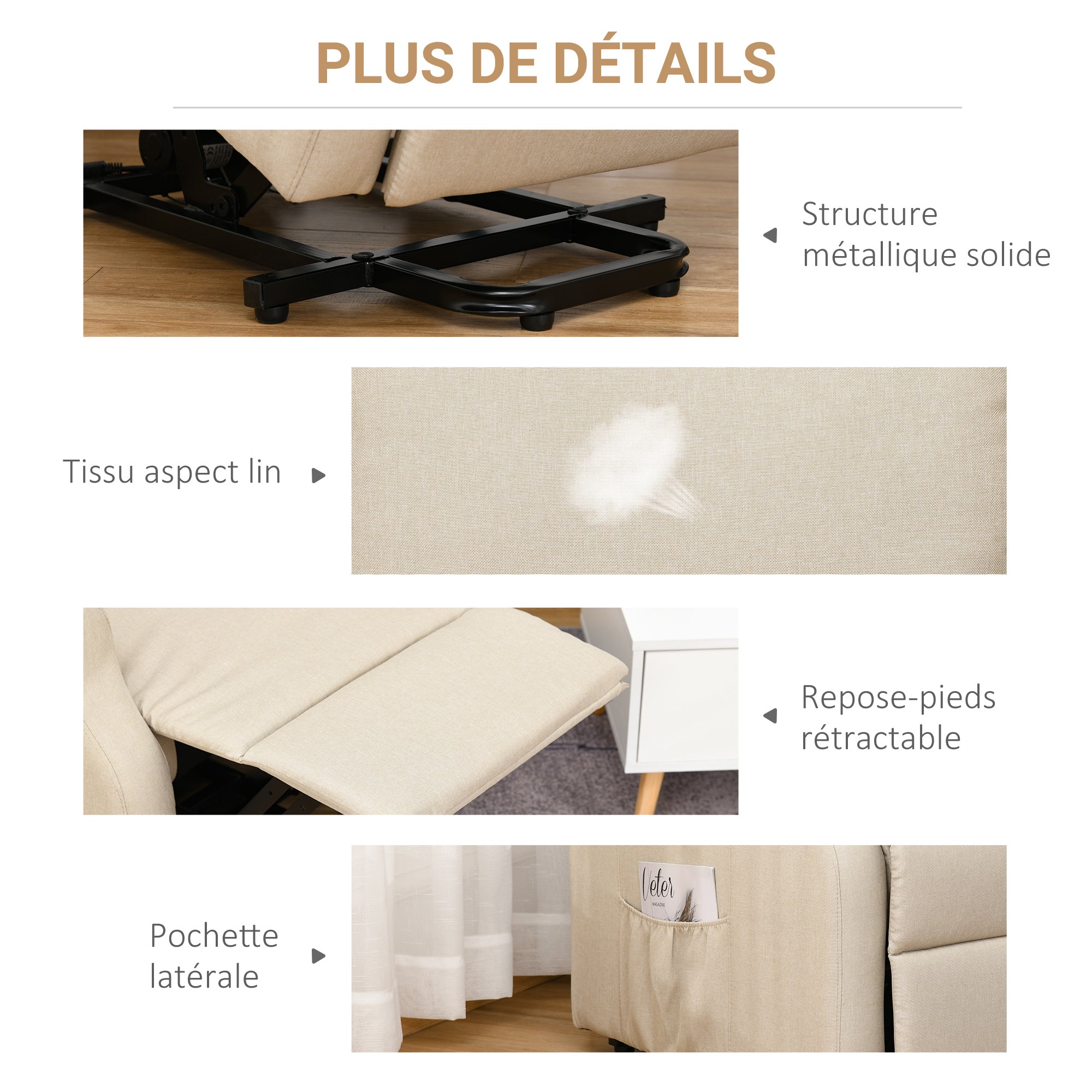 Fauteuil releveur inclinable avec Repose-Pied Fauteuil Relax Électrique de Relaxation électrique Ajustable avec Télécommande et Poche latérale de Rangement Lin Crème