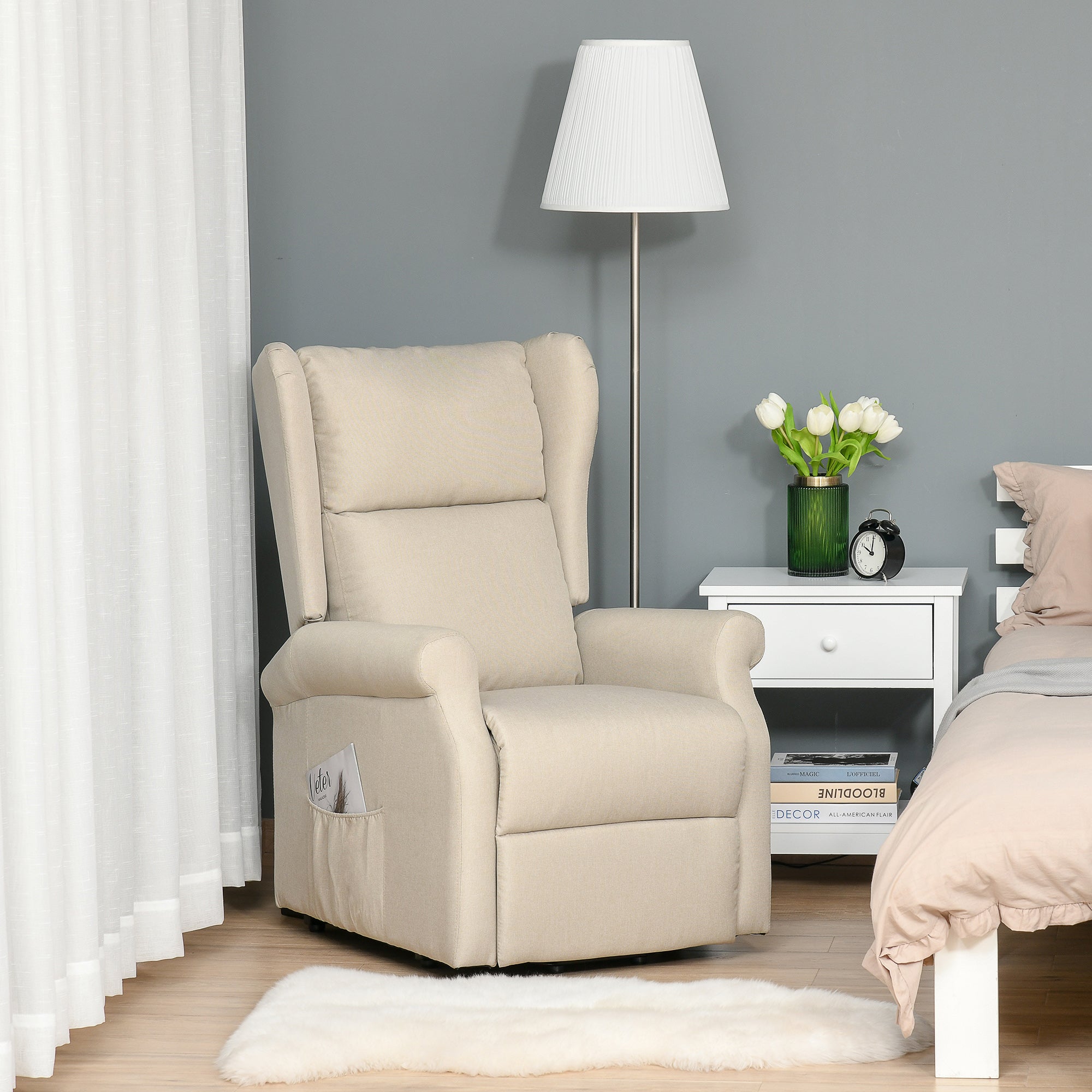Fauteuil releveur inclinable avec Repose-Pied Fauteuil Relax Électrique de Relaxation électrique Ajustable avec Télécommande et Poche latérale de Rangement Lin Crème