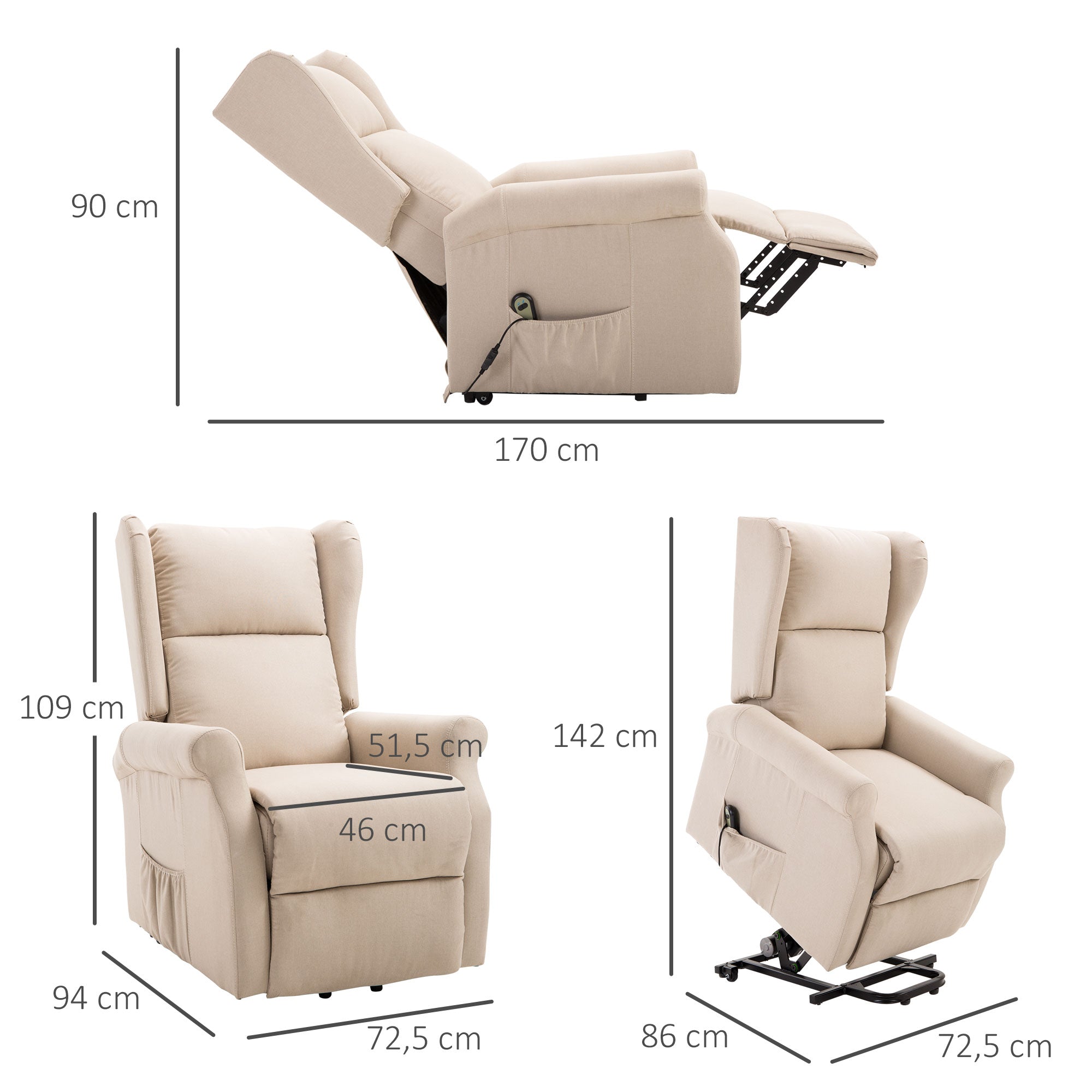 Fauteuil releveur inclinable avec Repose-Pied Fauteuil Relax Électrique de Relaxation électrique Ajustable avec Télécommande et Poche latérale de Rangement Lin Crème
