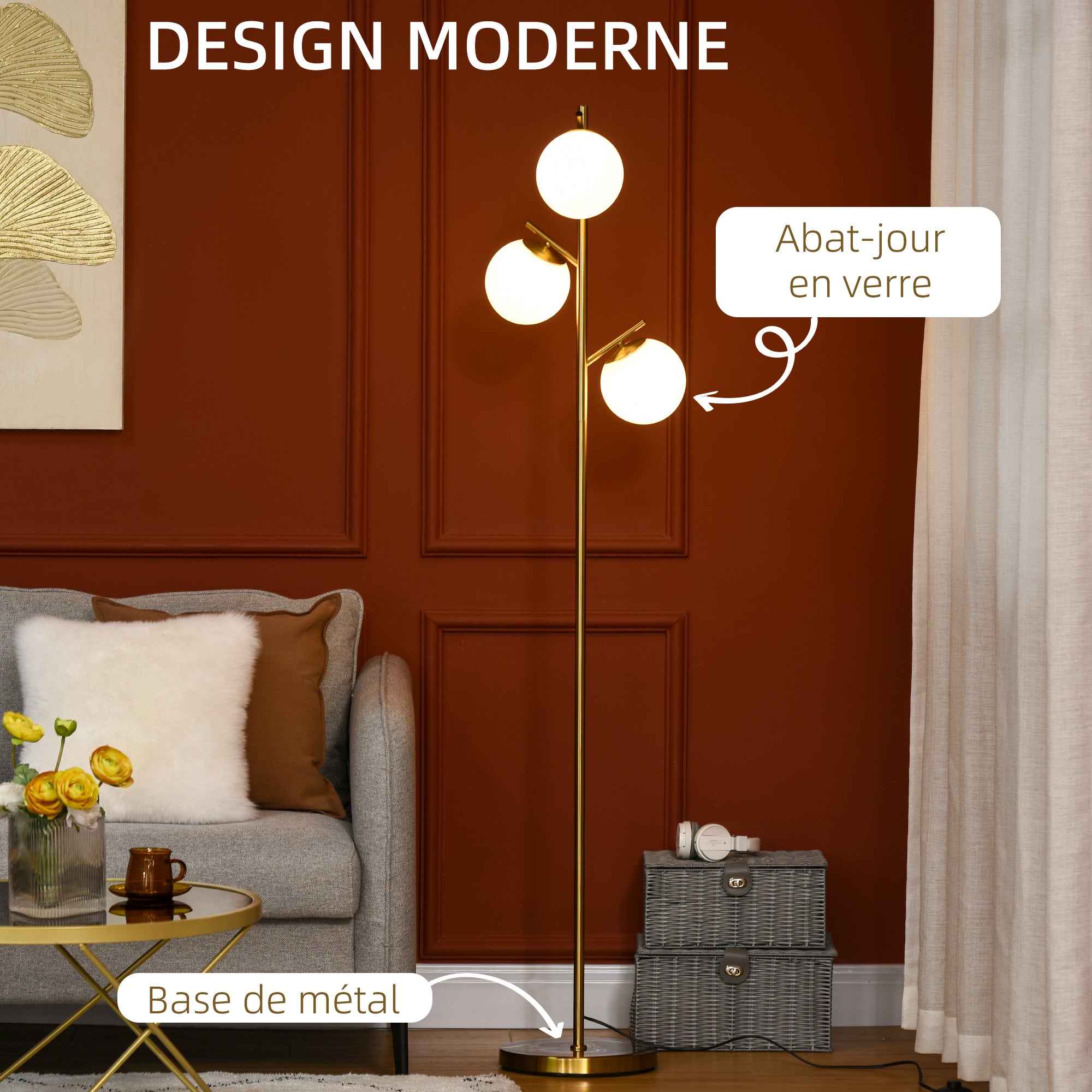 Lampadaire sur pied salon en métal doré avec 3 abat-jours globe blanc verre dépoli - 40W - Ø 27 x 169 cm doré