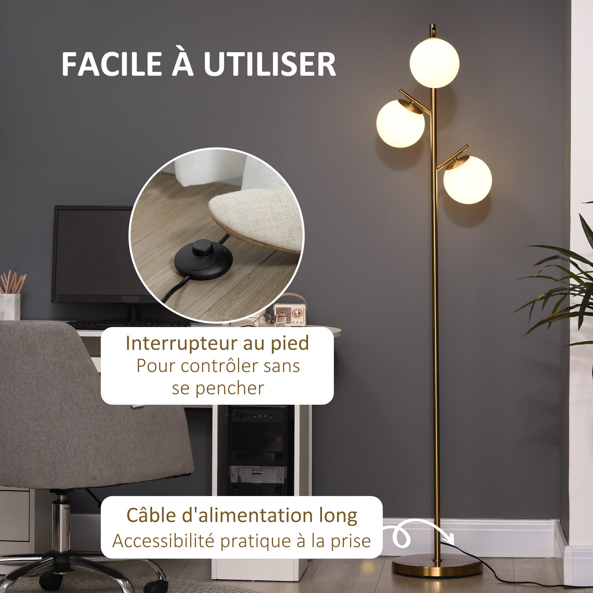 Lampadaire sur pied salon en métal doré avec 3 abat-jours globe blanc verre dépoli - 40W - Ø 27 x 169 cm doré