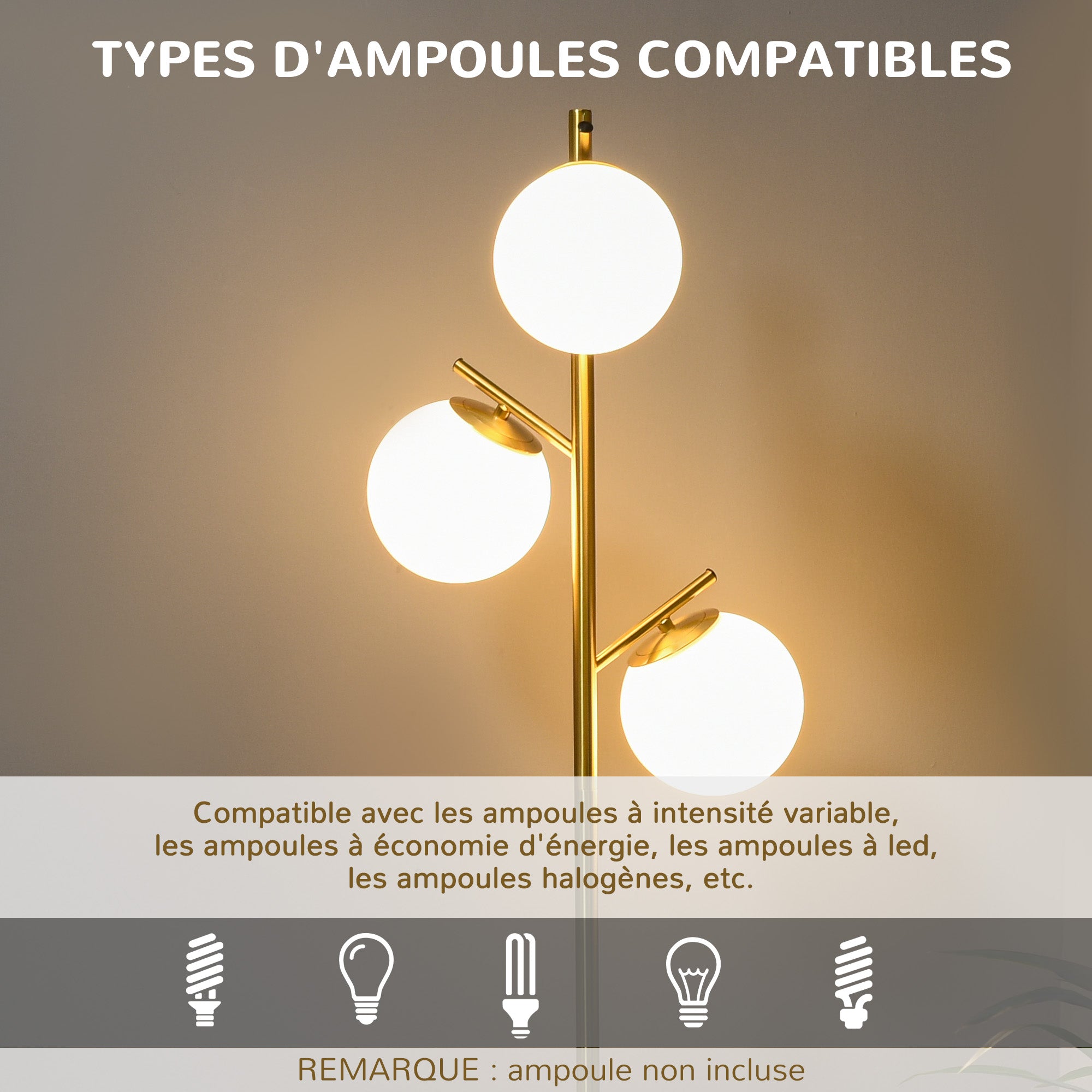 Lampadaire sur pied salon en métal doré avec 3 abat-jours globe blanc verre dépoli - 40W - Ø 27 x 169 cm doré