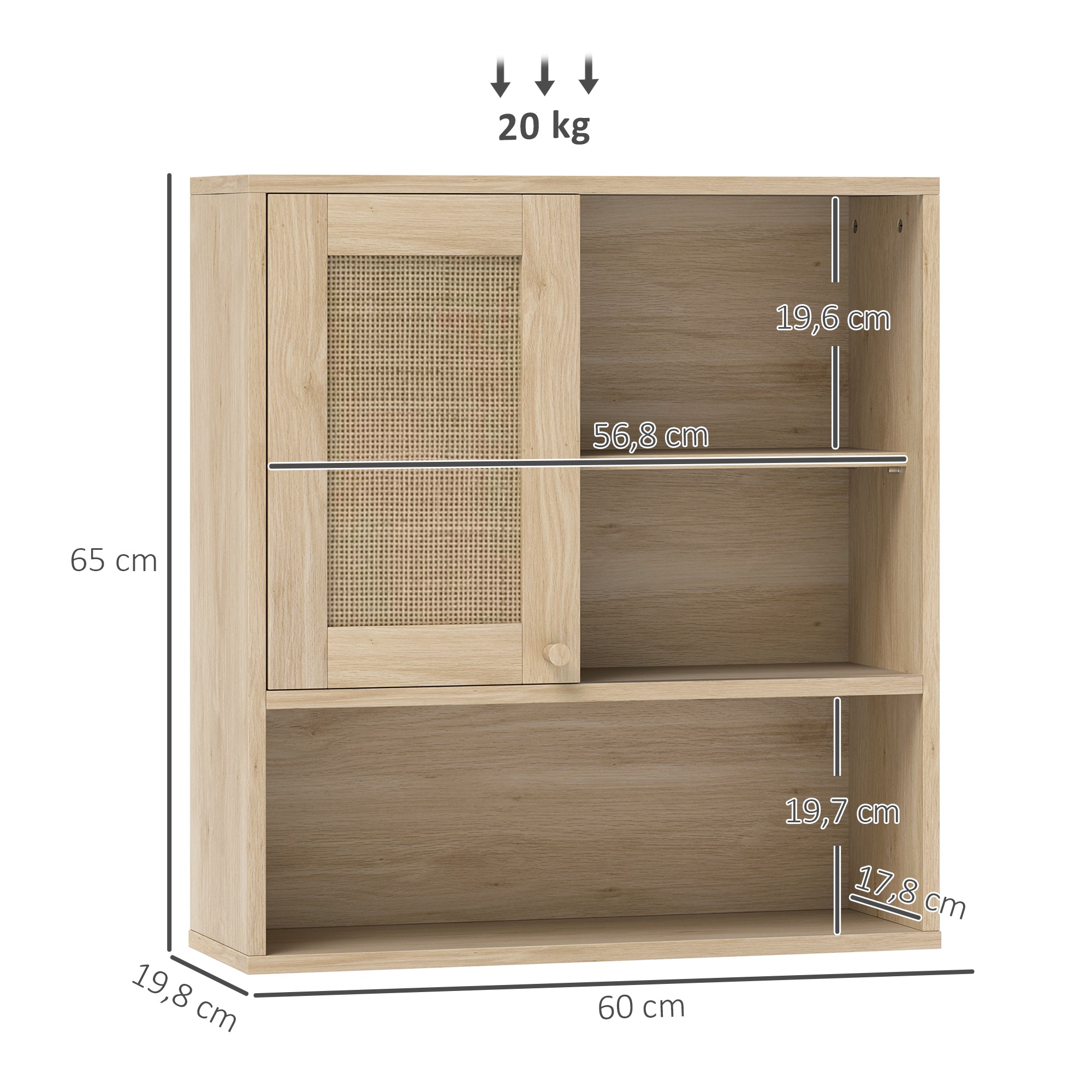 Armoire murale, meuble haut salle de bain avec porte coulissante en rotin et étagères ouvertes, meuble de salle de bain style bohème, meuble de rangement suspendu, 60 x 20 x 65 cm, bois naturel