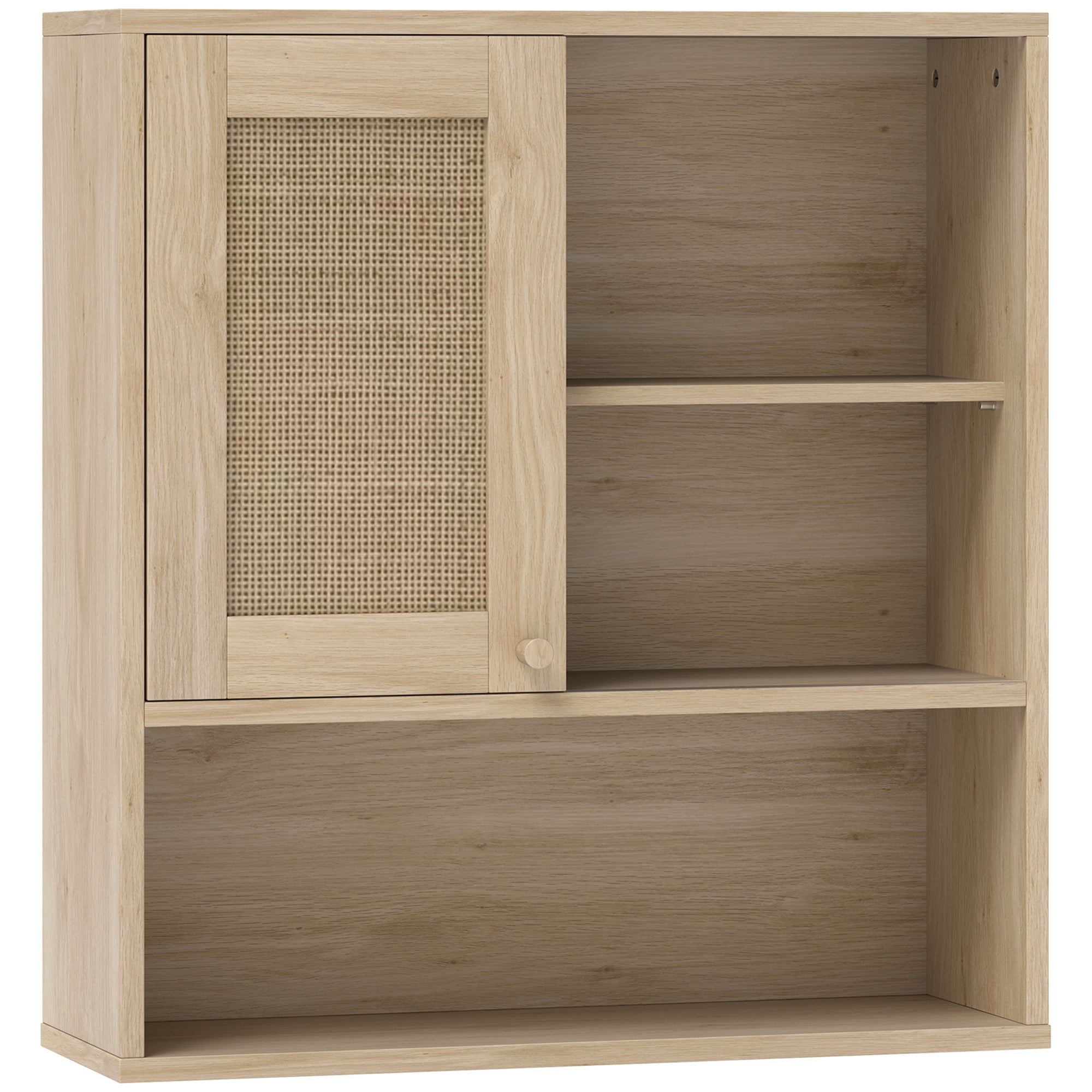 Armoire murale, meuble haut salle de bain avec porte coulissante en rotin et étagères ouvertes, meuble de salle de bain style bohème, meuble de rangement suspendu, 60 x 20 x 65 cm, bois naturel