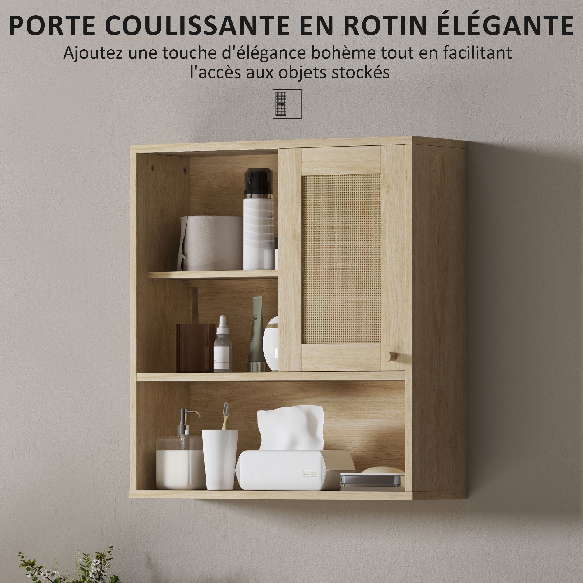 Armoire murale, meuble haut salle de bain avec porte coulissante en rotin et étagères ouvertes, meuble de salle de bain style bohème, meuble de rangement suspendu, 60 x 20 x 65 cm, bois naturel