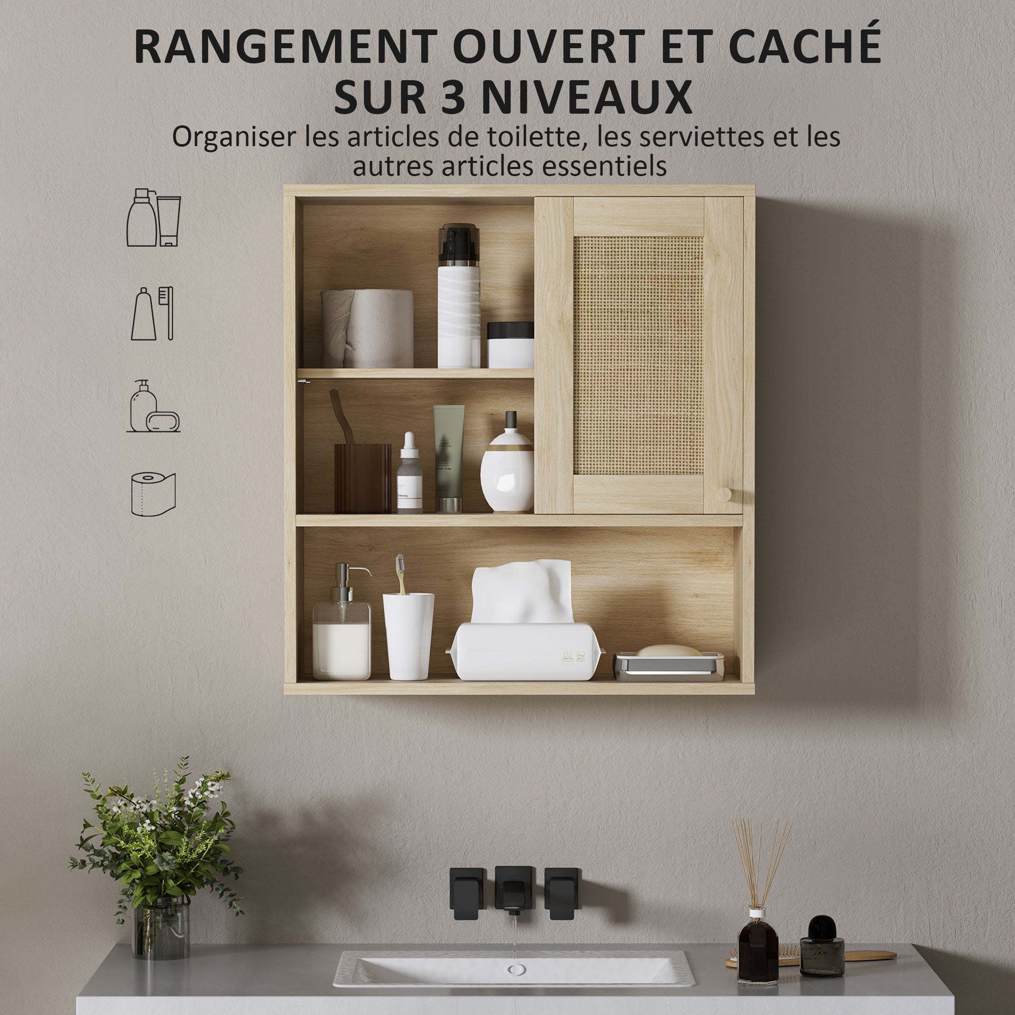 Armoire murale, meuble haut salle de bain avec porte coulissante en rotin et étagères ouvertes, meuble de salle de bain style bohème, meuble de rangement suspendu, 60 x 20 x 65 cm, bois naturel