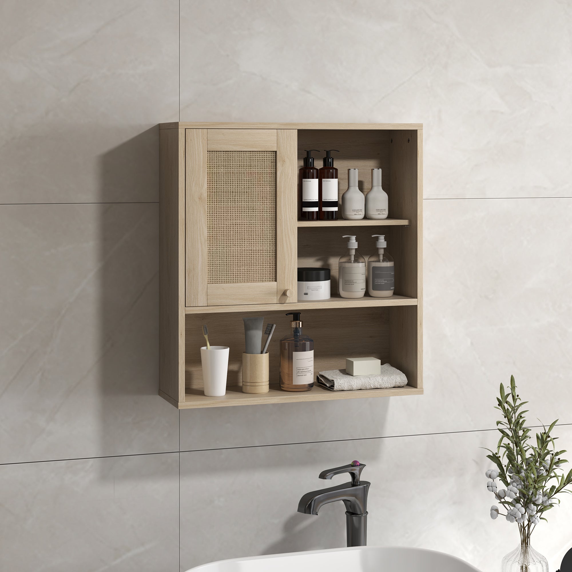 Armoire murale, meuble haut salle de bain avec porte coulissante en rotin et étagères ouvertes, meuble de salle de bain style bohème, meuble de rangement suspendu, 60 x 20 x 65 cm, bois naturel