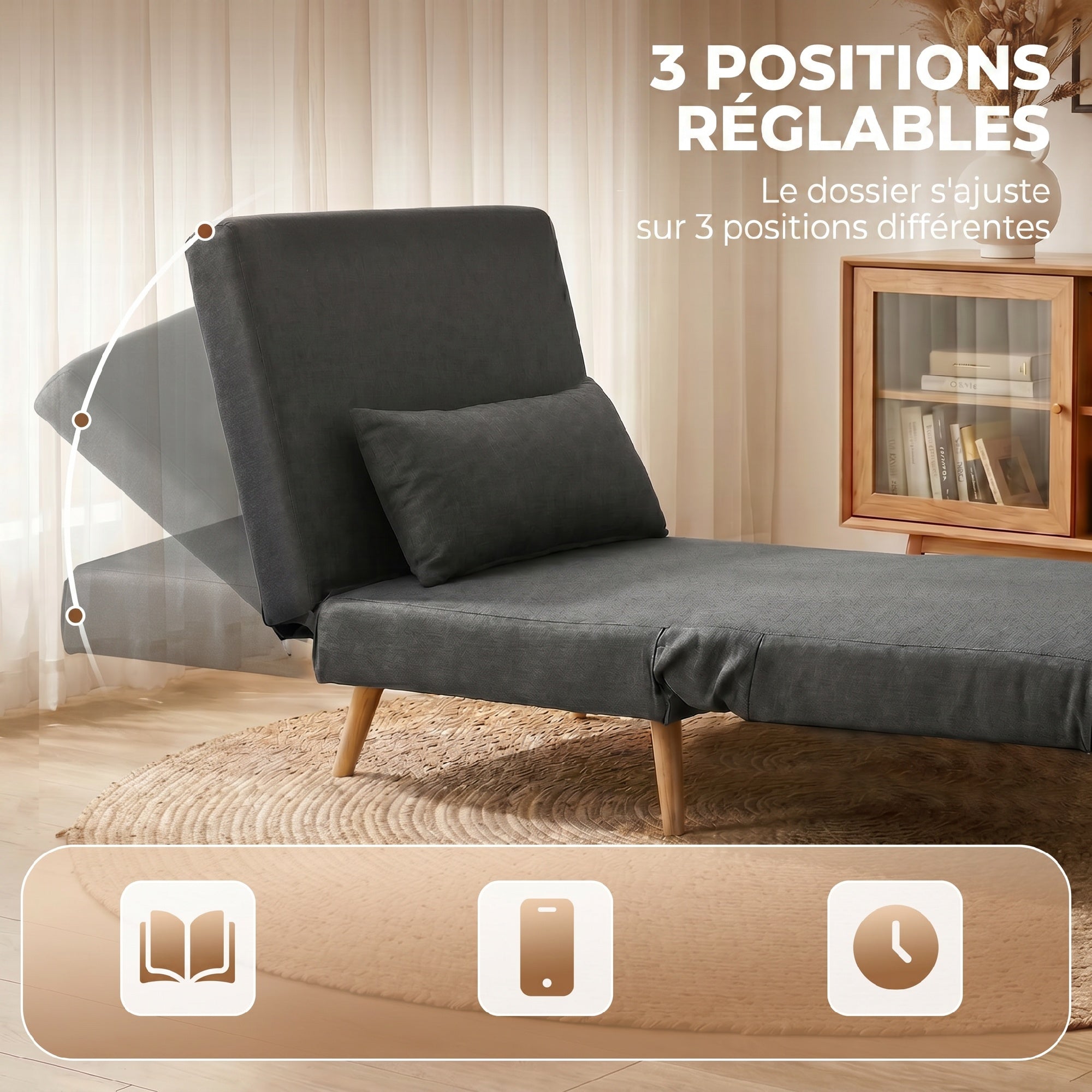 fauteuil convertible 1 place, fauteuil-lit chauffeuse 3 en 1 avec dossier réglable, oreiller, siège rembourré, tissu en lin, canapé-lit pour invités, salon, charge 120 Kg, 190/78 x 94 cm, gris