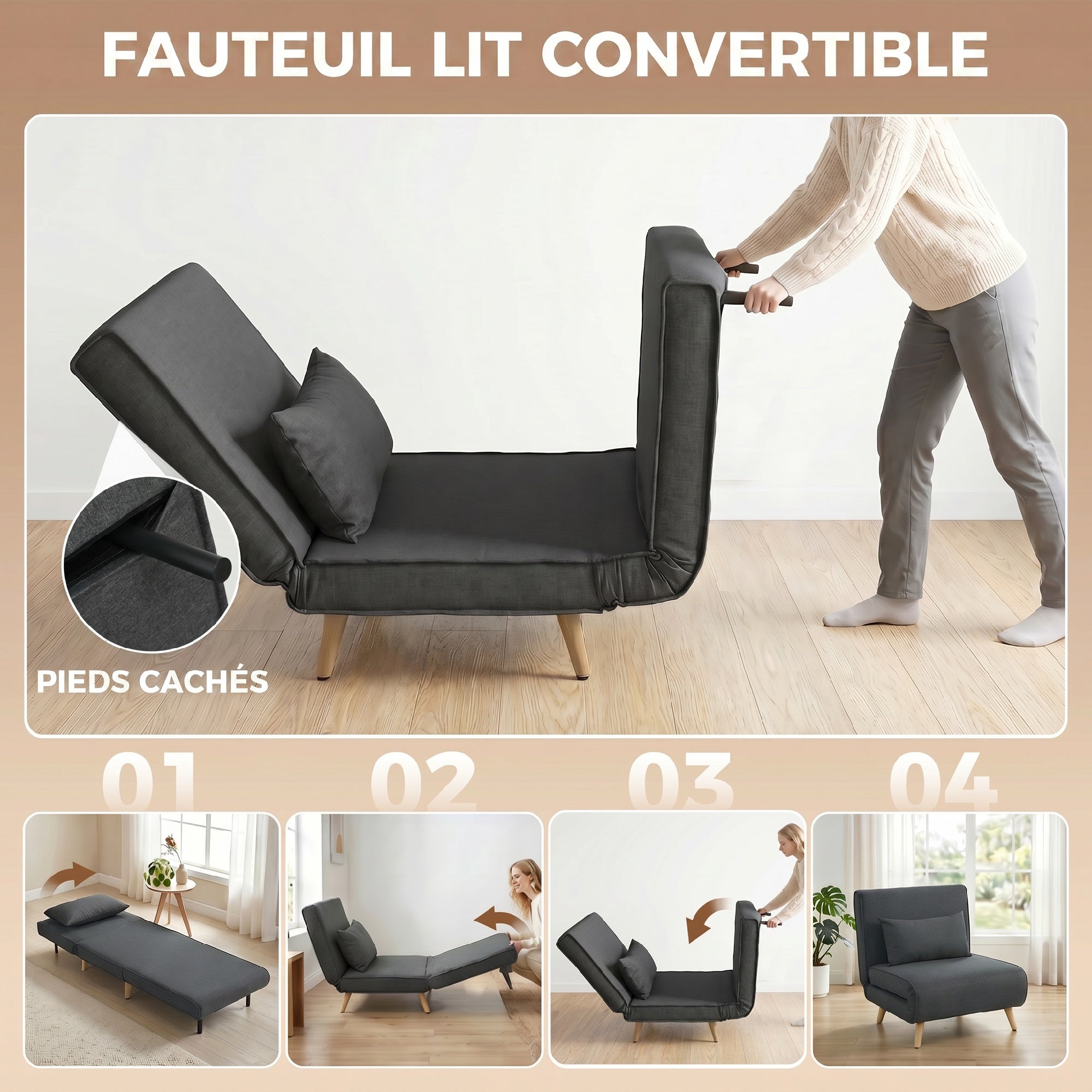 fauteuil convertible 1 place, fauteuil-lit chauffeuse 3 en 1 avec dossier réglable, oreiller, siège rembourré, tissu en lin, canapé-lit pour invités, salon, charge 120 Kg, 190/78 x 94 cm, gris