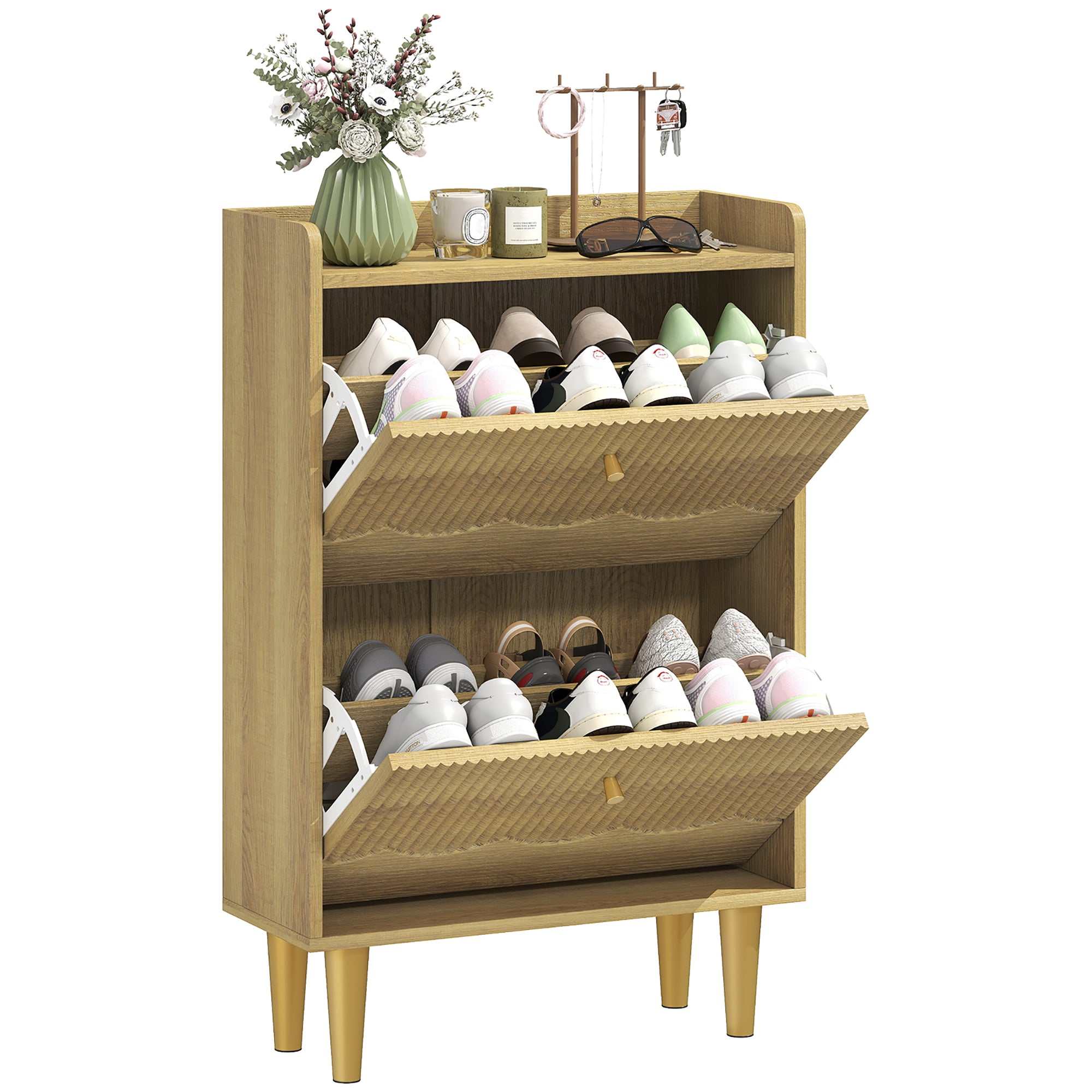 Meuble à chaussures 12 paires, armoire à chaussures étroite, 2 tiroirs rabattables, étagères réglables et plateau supérieur, pour couloir et entrée, 60 x 24 x 92 cm, chêne