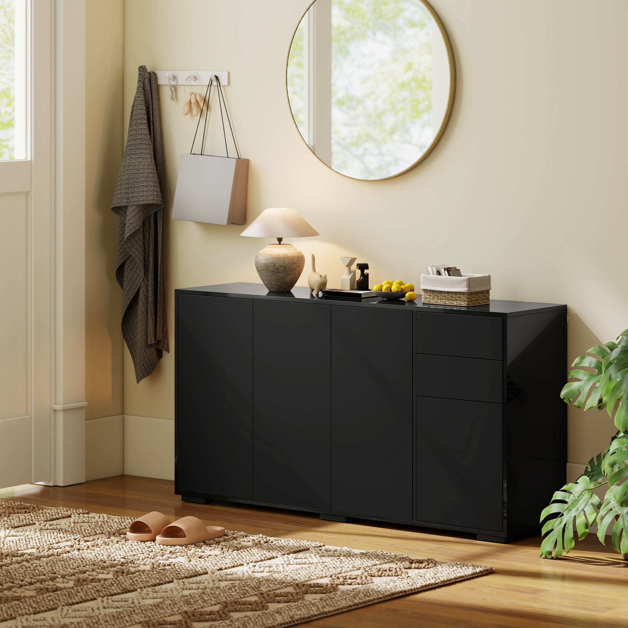 Buffet meuble de rangement 2 tiroirs coulissants 4 portes étagère réglable panneaux de particules 140 x 36 x 74 cm noir