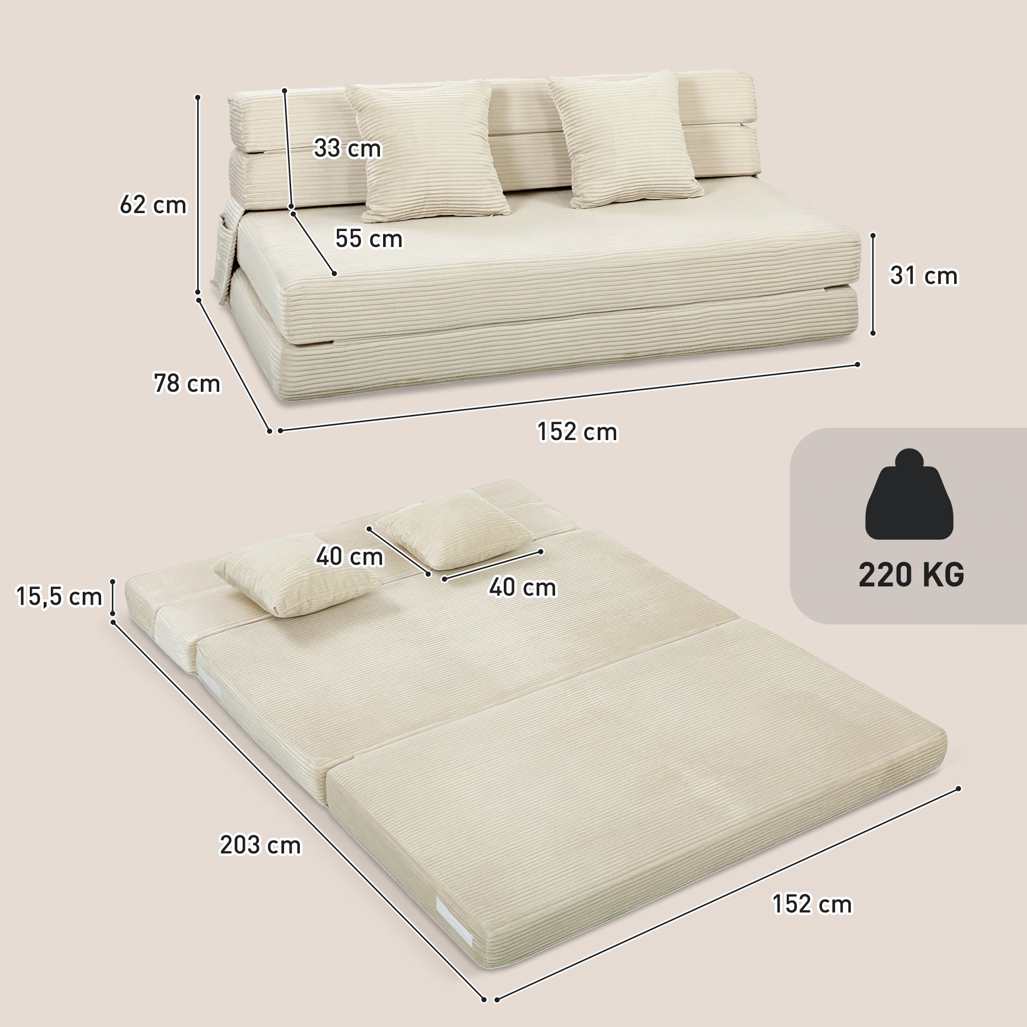 Canapé-Lit Pliant 2 en 1, Chauffeuse 2 Places Convertible Velours Côtelé, Matelas Pliable, Coussin Épais Dossier Oreillers Poches Latérales, Entièrement Compressé Aucun Assemblage Requis, Crème