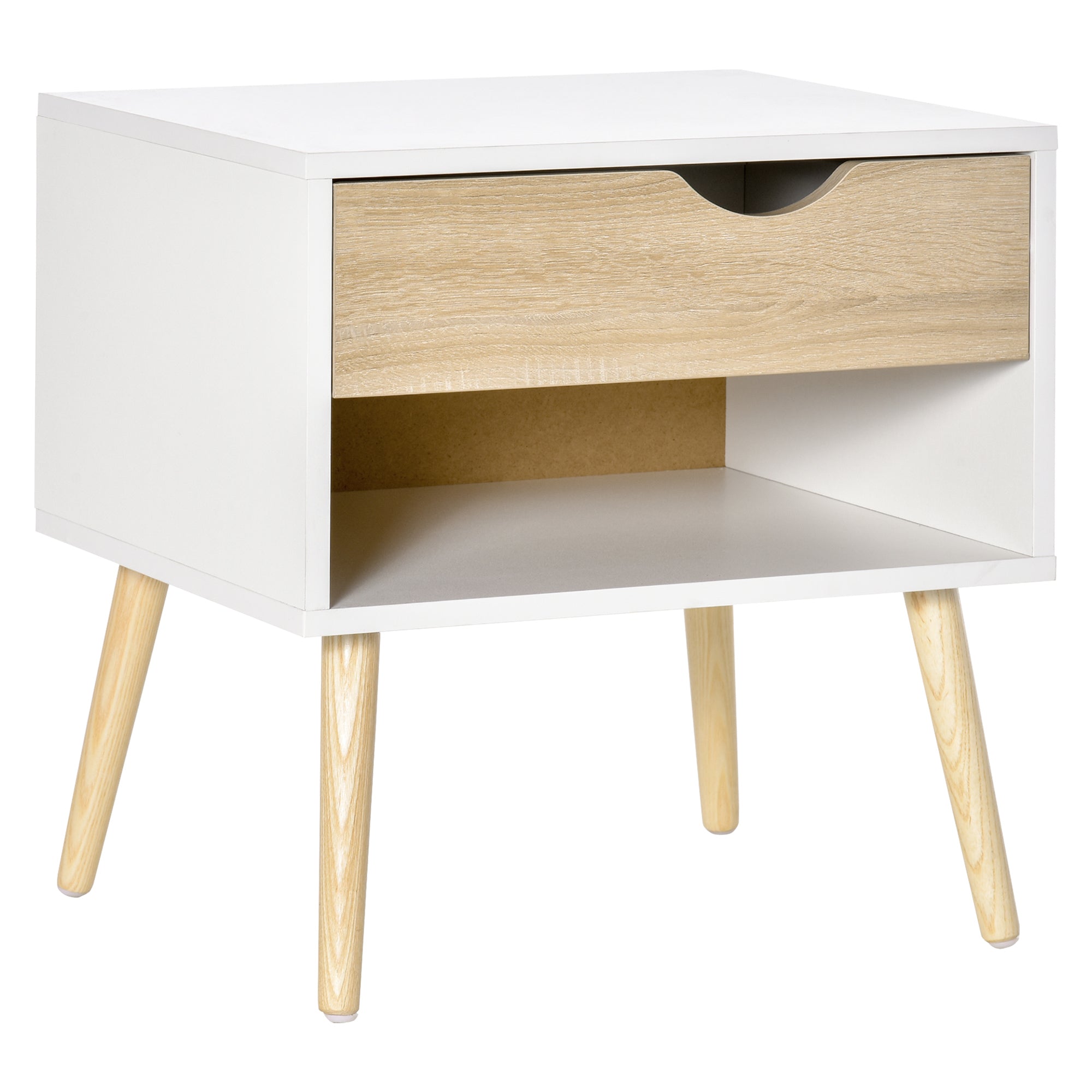 Table de chevet, table de nuit, avec tiroir, design moderne, pieds en bois massif, 50 x 39 x 51 cm, blanc et bois naturel
