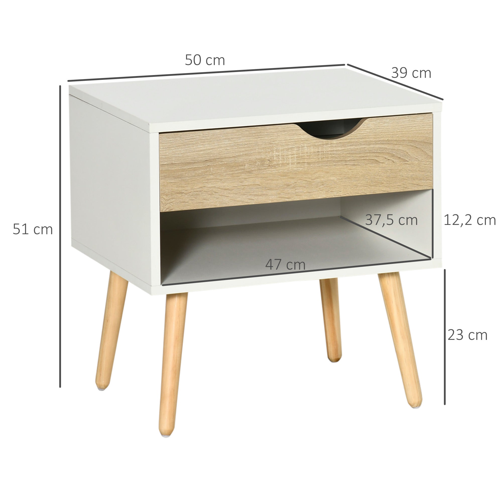 Table de chevet, table de nuit, avec tiroir, design moderne, pieds en bois massif, 50 x 39 x 51 cm, blanc et bois naturel