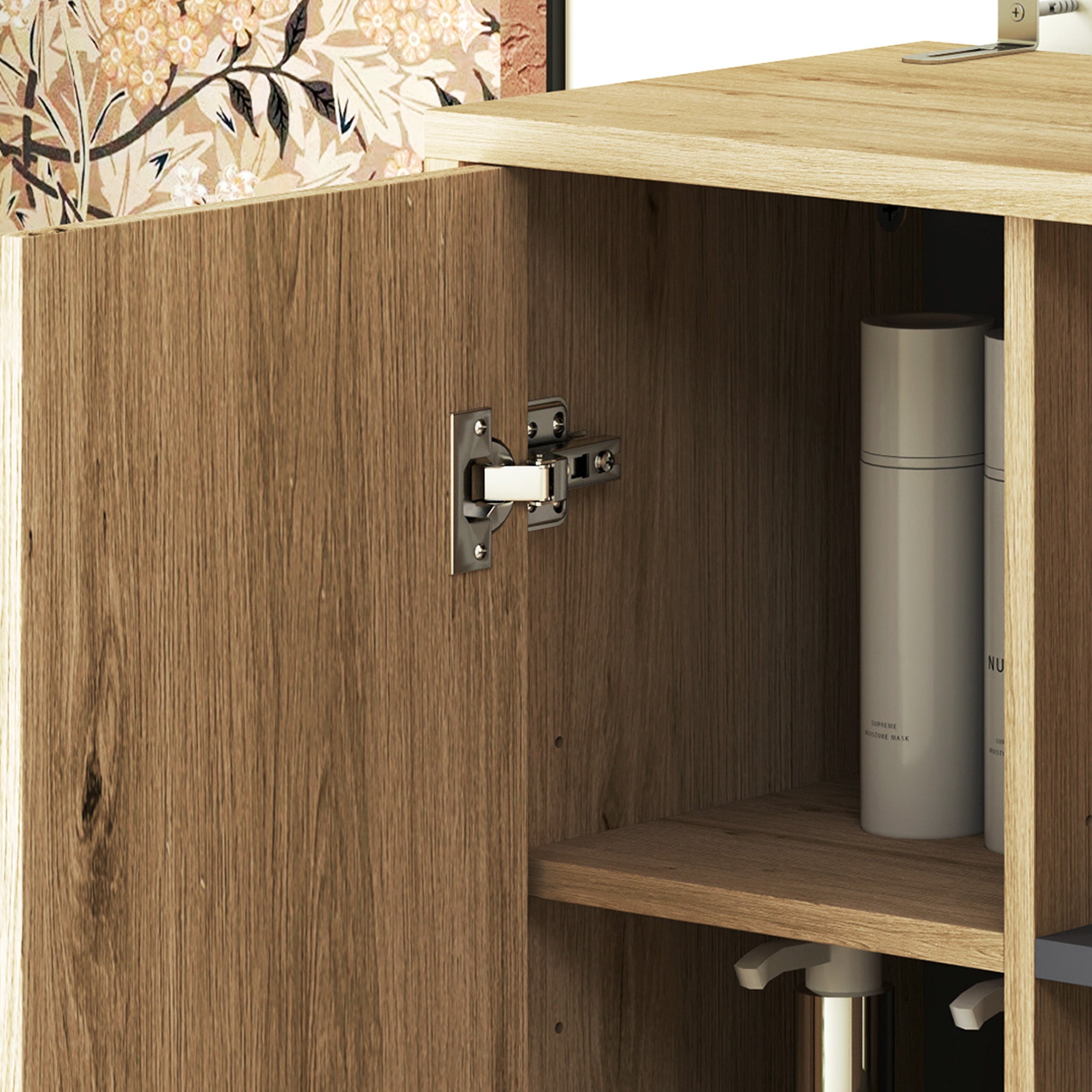 Meuble colonne salle de bain, armoire de salle de bain avec 6 compartiments ouverts et 2 placards, dim. 40l x 24P x 148H cm, bois naturel
