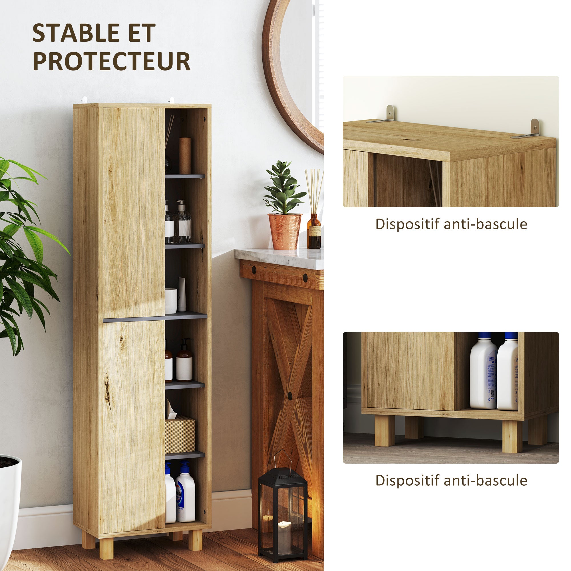 Meuble colonne salle de bain, armoire de salle de bain avec 6 compartiments ouverts et 2 placards, dim. 40l x 24P x 148H cm, bois naturel