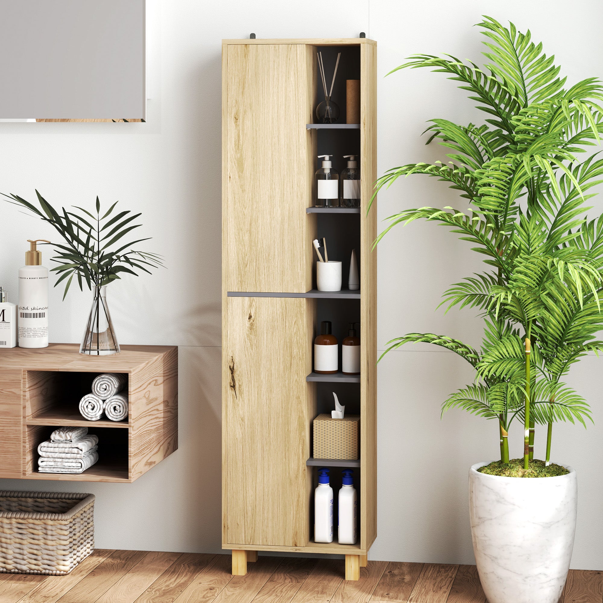 Meuble colonne salle de bain, armoire de salle de bain avec 6 compartiments ouverts et 2 placards, dim. 40l x 24P x 148H cm, bois naturel