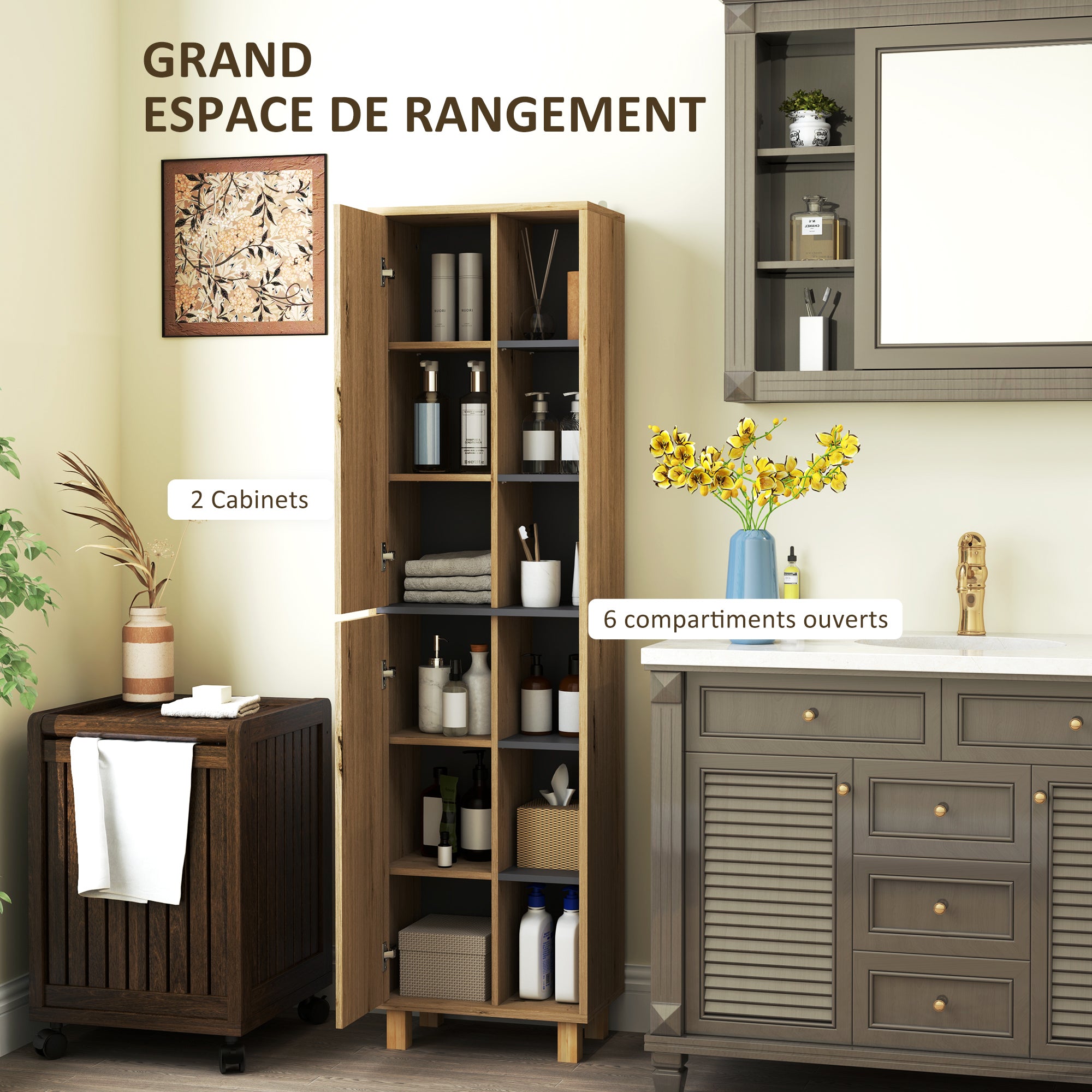 Meuble colonne salle de bain, armoire de salle de bain avec 6 compartiments ouverts et 2 placards, dim. 40l x 24P x 148H cm, bois naturel