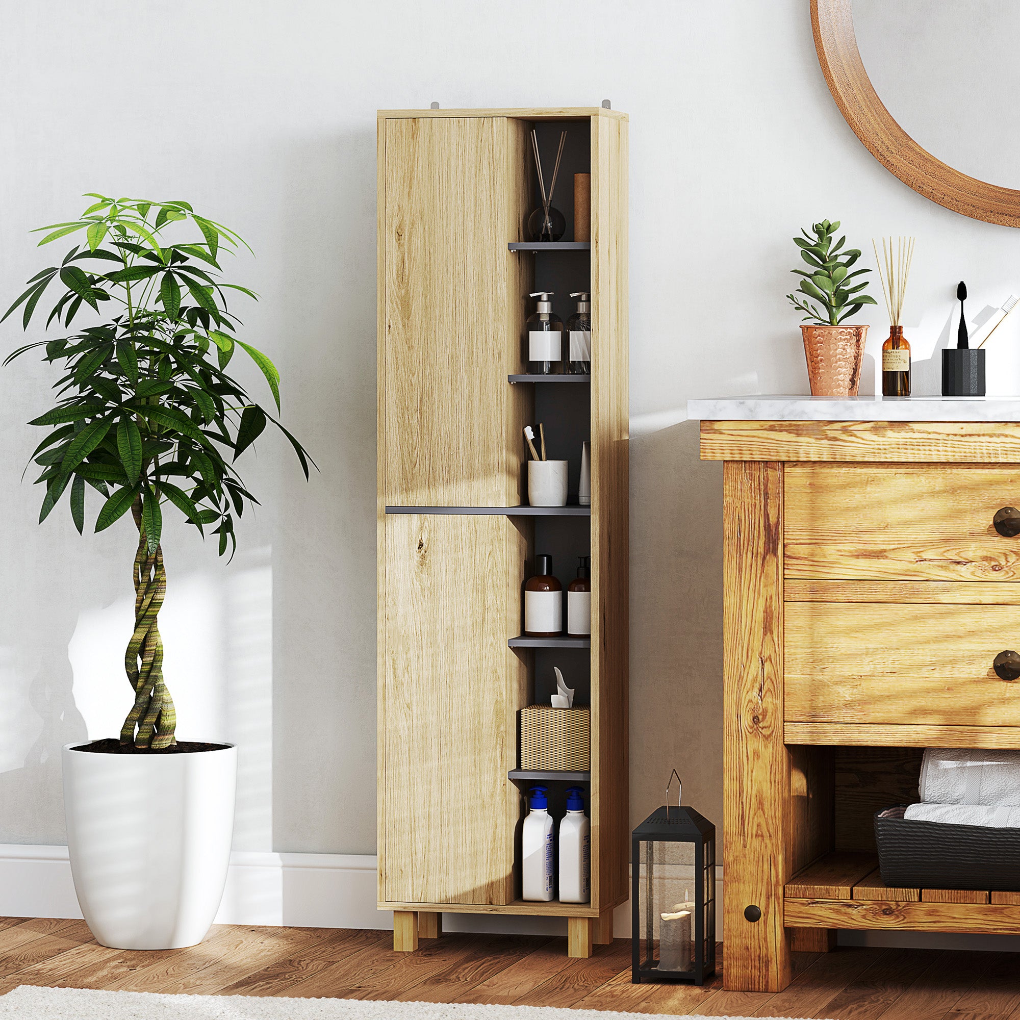 Meuble colonne salle de bain, armoire de salle de bain avec 6 compartiments ouverts et 2 placards, dim. 40l x 24P x 148H cm, bois naturel