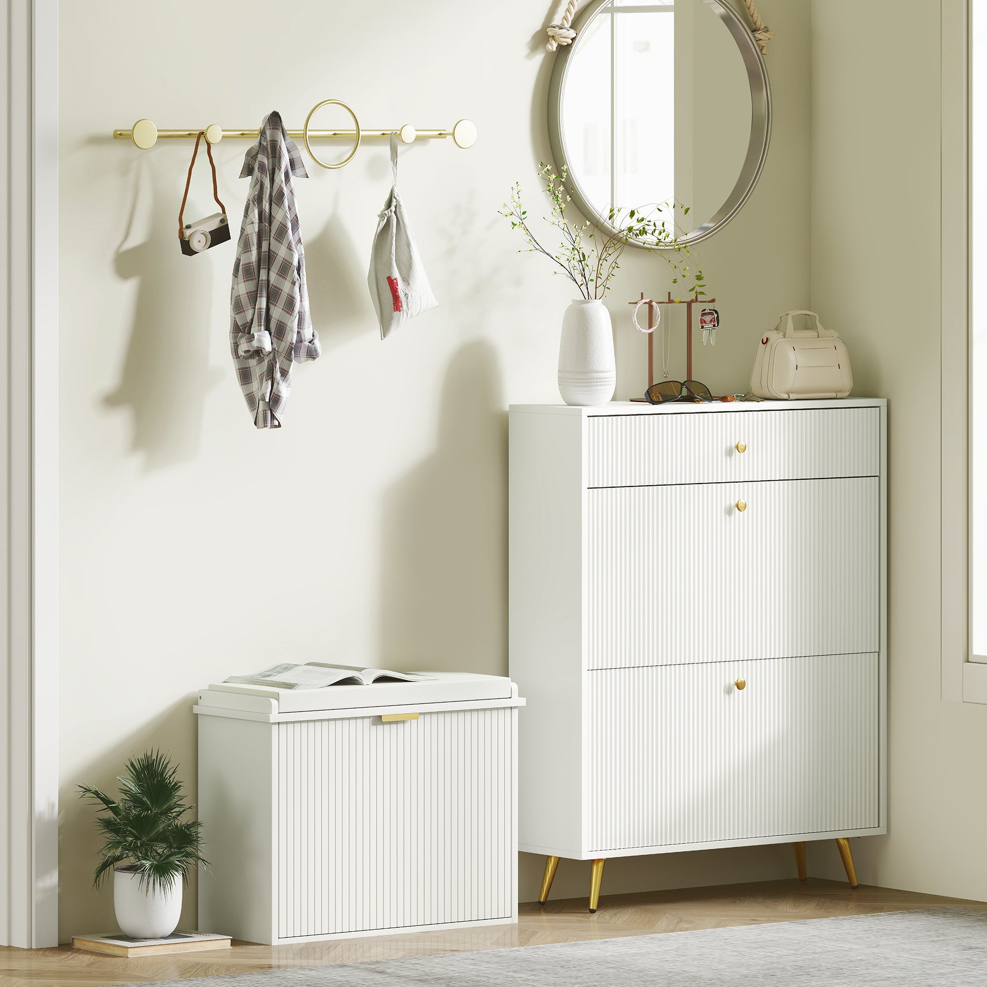 Banc à chaussures meuble à chaussures avec coussin d'assise rembourré et tiroir rabattable, banc d'entrée pour couloir, chambre, charge 120 KG, 62 x 26 x 47,5 cm, blanc