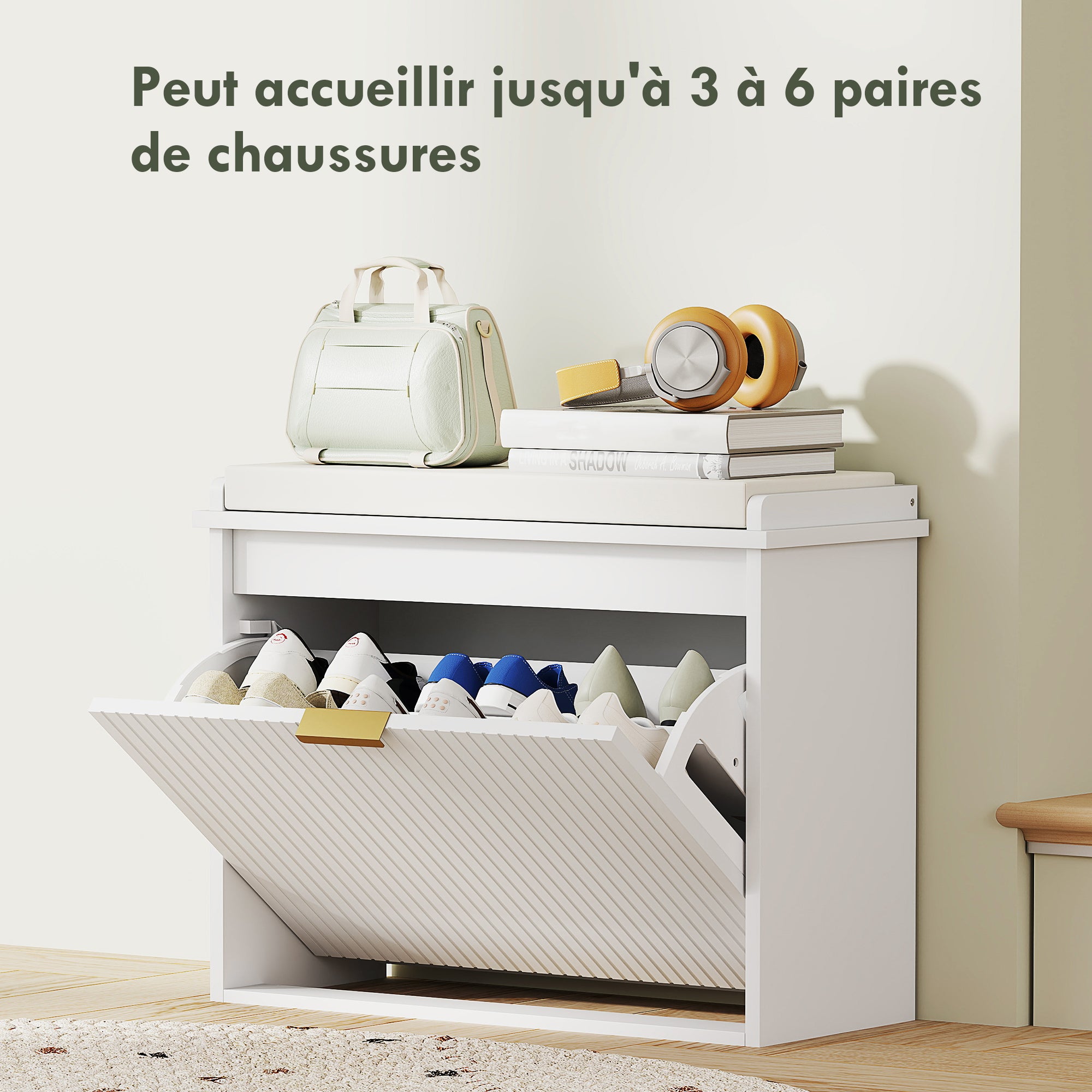 Banc à chaussures meuble à chaussures avec coussin d'assise rembourré et tiroir rabattable, banc d'entrée pour couloir, chambre, charge 120 KG, 62 x 26 x 47,5 cm, blanc