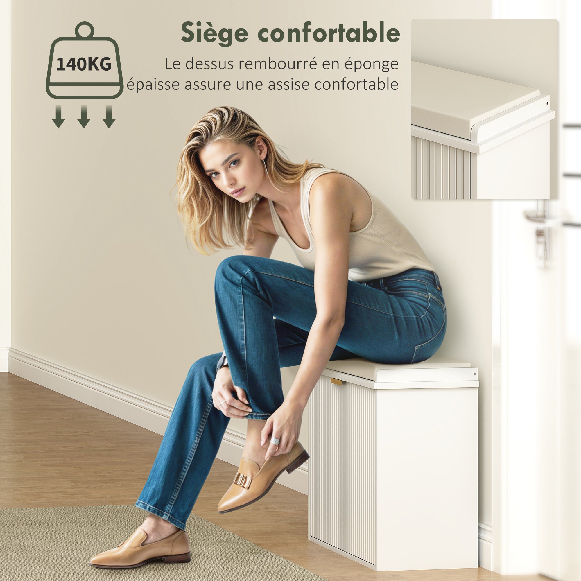 Banc à chaussures meuble à chaussures avec coussin d'assise rembourré et tiroir rabattable, banc d'entrée pour couloir, chambre, charge 120 KG, 62 x 26 x 47,5 cm, blanc