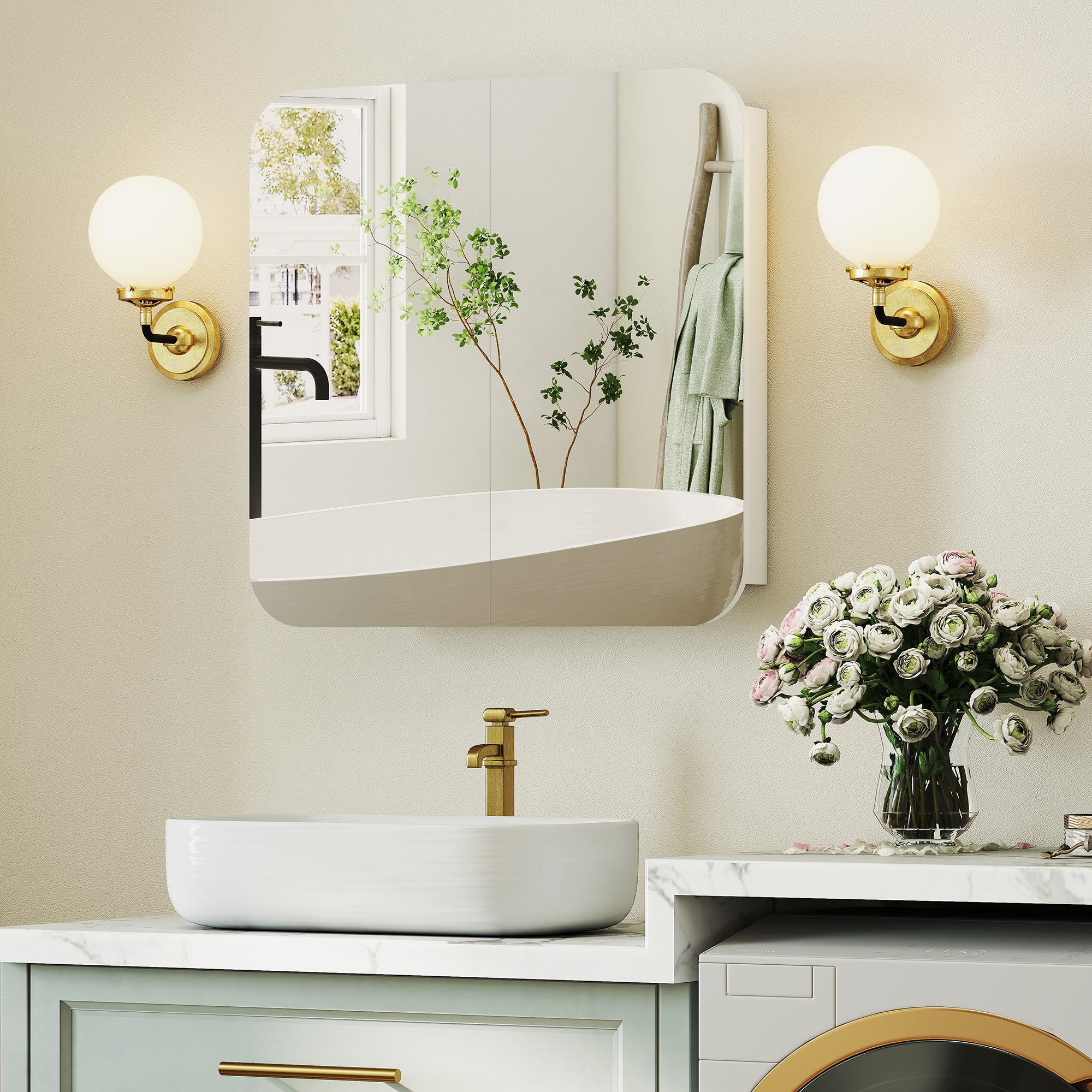 Armoire murale salle de bain avec miroir arqué 68 x 13 x 66 cm meuble salle de bain, armoire de toilette avec étagère réglable et 2 portes pour cuisine, buanderie, blanc