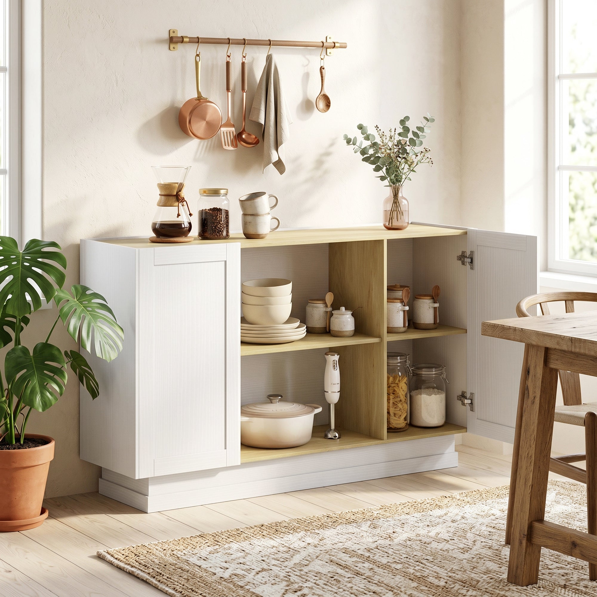 Buffet Cuisine, Meuble de Rangement avec 2 Portes et 2 Étagères Ouvertes, Style Rustique, Buffet Salle à Manger, Salon et Chambre, 133 x 35 x 79,7 cm, Bois Naturel et Blanc