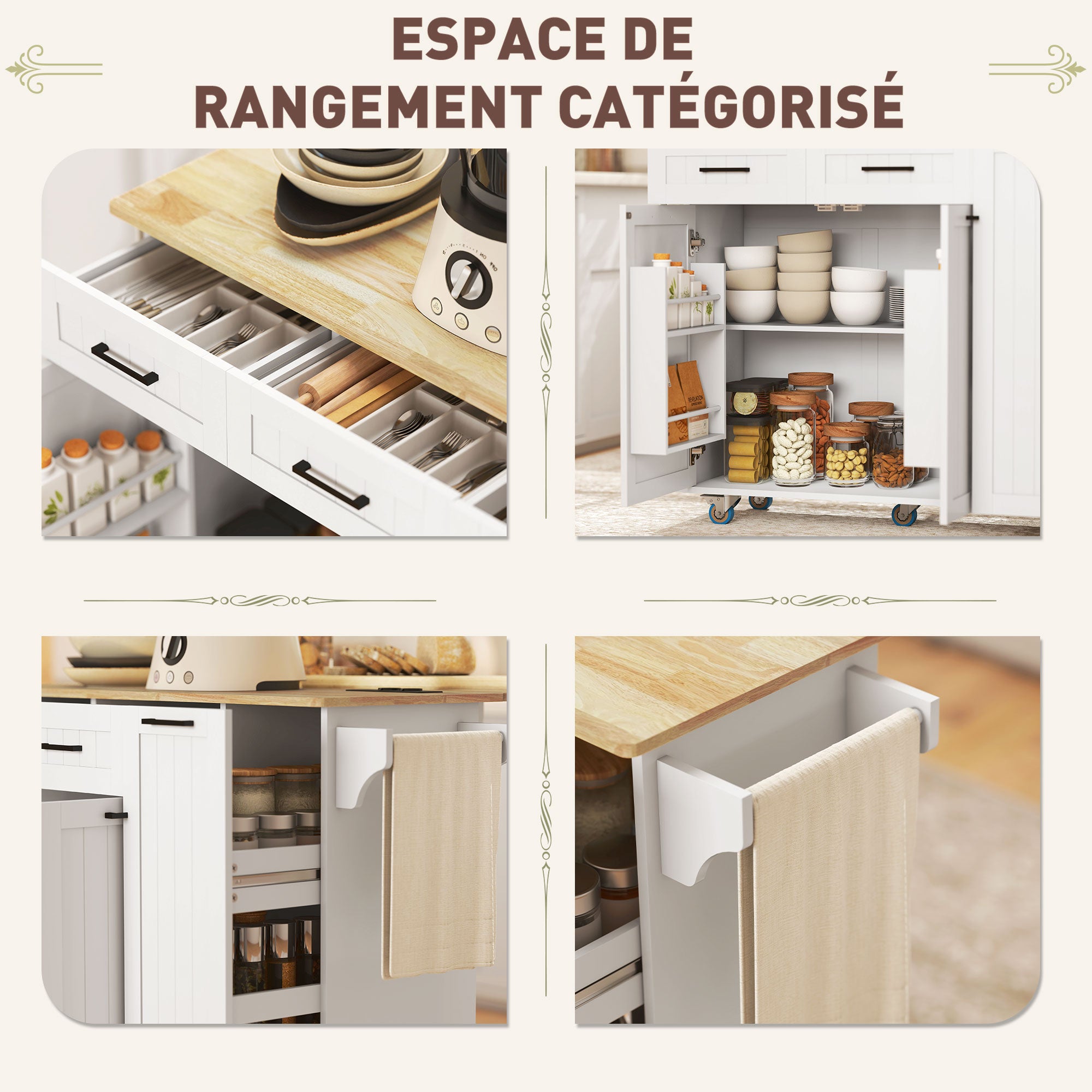 Îlot central cuisine mobile avec prise de courant et port USB desserte cuisine à roulettes avec tablette à abattant 2 tiroirs 2 placards étagère réglable porte-épices et porte-serviettes blanc