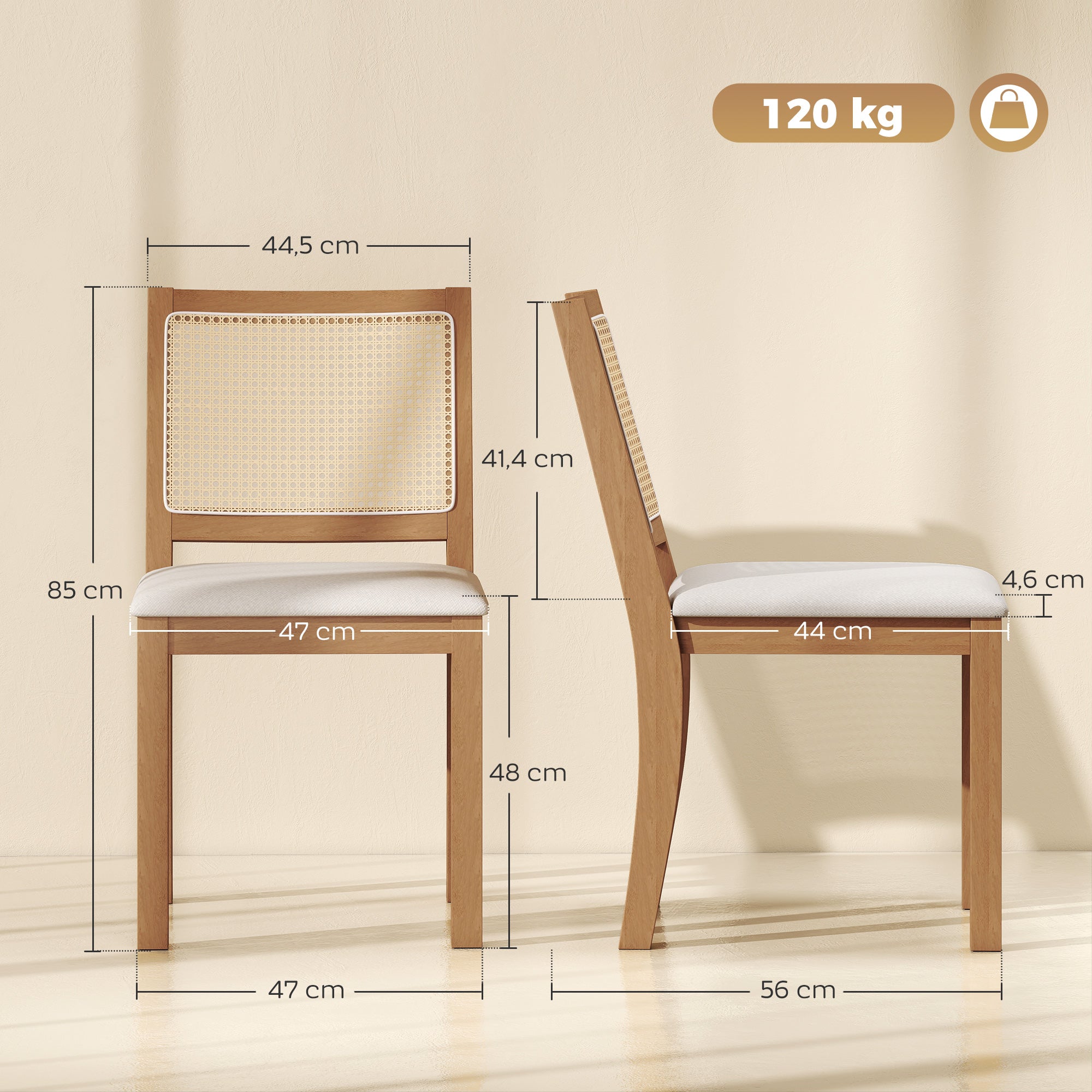 Lot de 2 chaises de salle à manger, chaises de cuisine avec assise rembourrée, dossier effet rotin, structure en bois d'hévéa massif, tissu aspect lin, crème et chêne