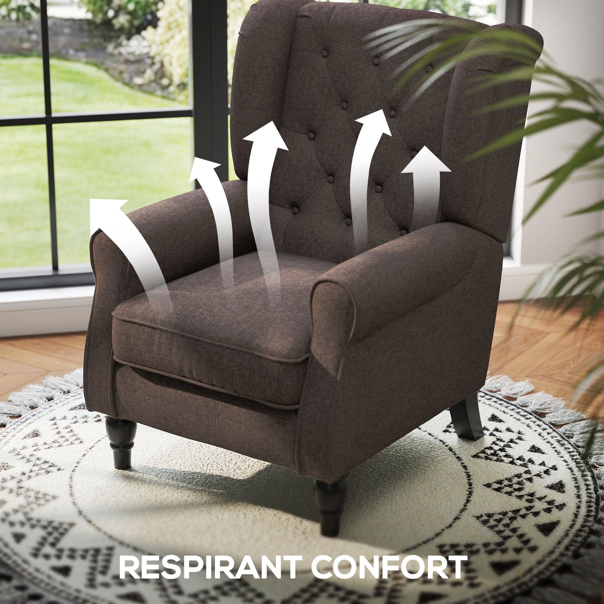 Fauteuil de salon, fauteuil capitonné avec pieds en bois, assise large, grand confort, style classique, 74 x 86 x 102 cm, marron