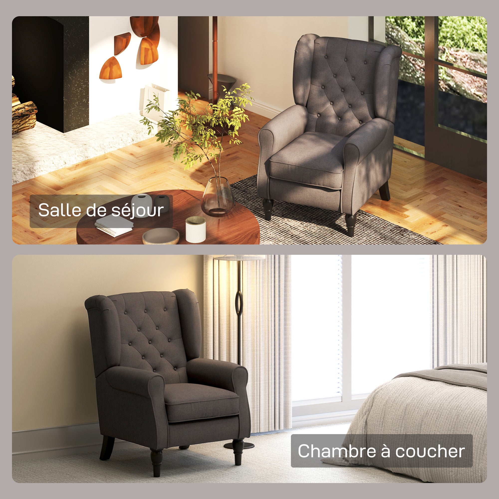 Fauteuil de salon, fauteuil capitonné avec pieds en bois, assise large, grand confort, style classique, 74 x 86 x 102 cm, marron