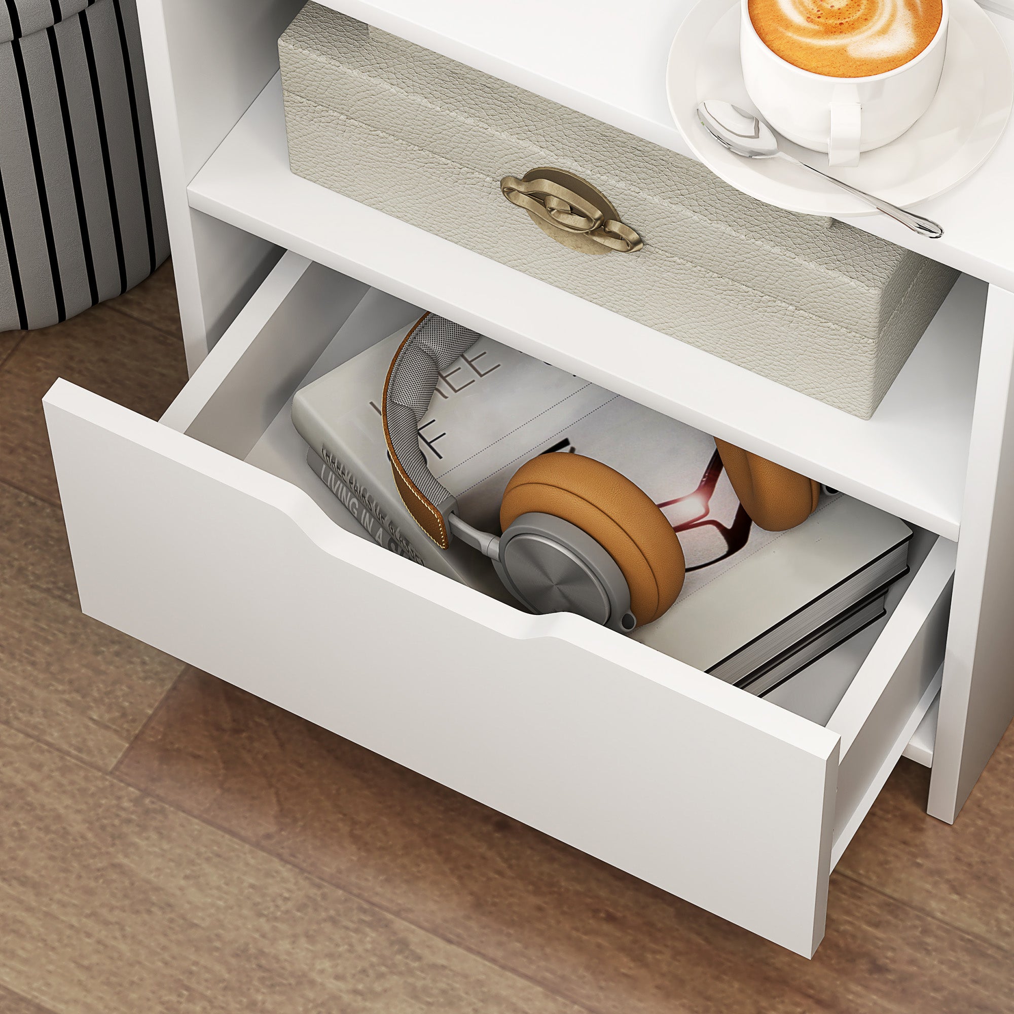 Table de chevet table de nuit avec tiroir, niche et étagères de rangement effet bois - 45 x 35 x 73 cm blanc