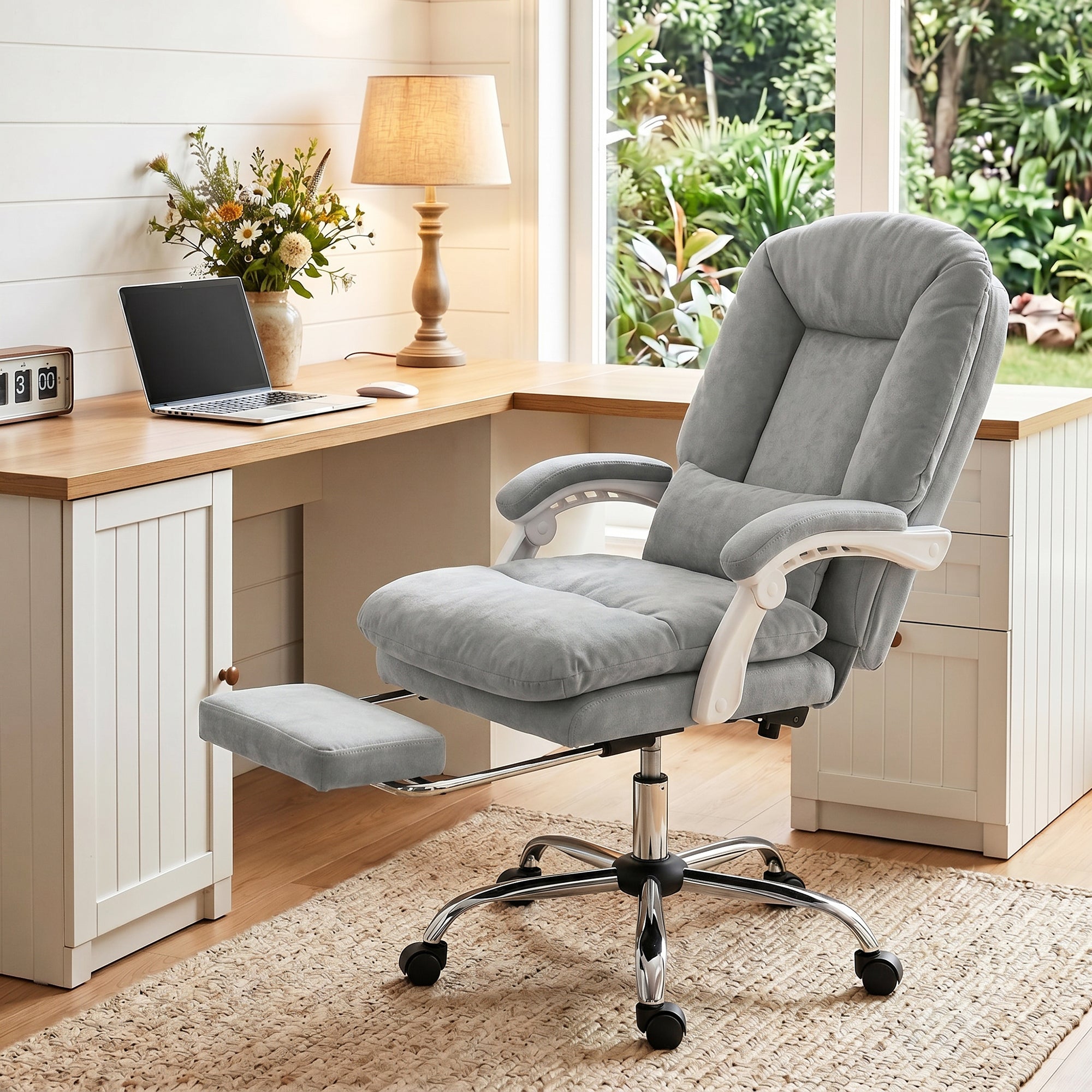 Chaise Bureau Ergonomique, Fauteuil de Bureau Inclinable en Velours avec Support Lombaire, Hauteur Réglable, Repose-Pieds, Coussin Épais, Travail Pivotante 360° pour Ordinateur, Gris Clair