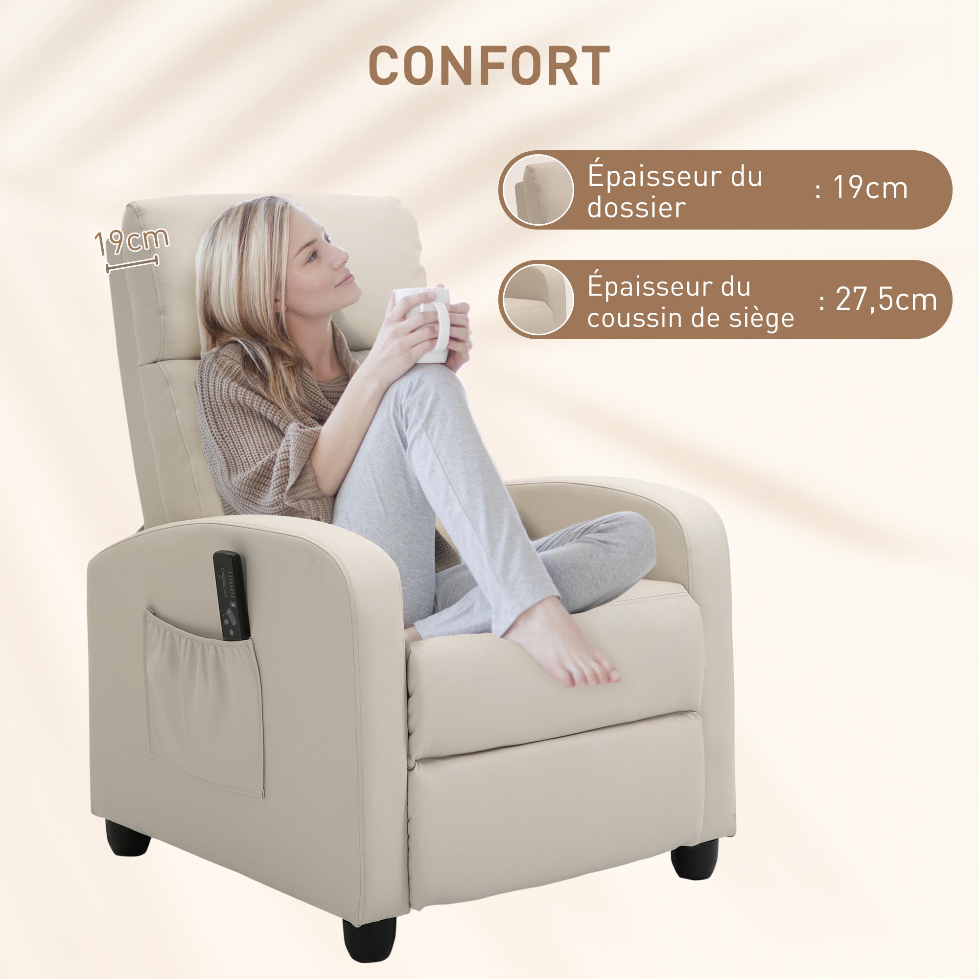 Fauteuil de Relaxation et Massage électrique avec Inclinaison Manuelle Dossier Repose-Pied réglable revêtement synthétique Crème