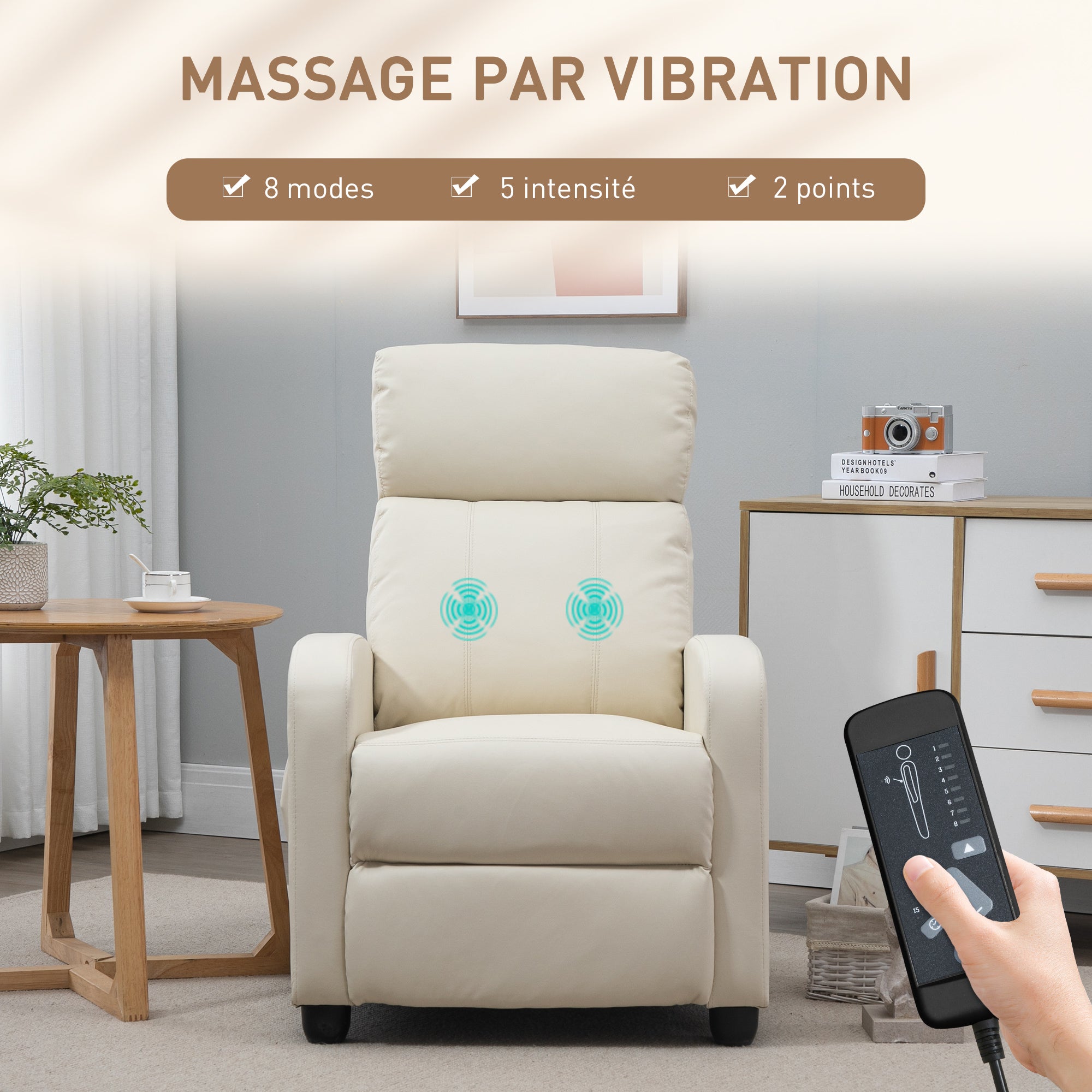 Fauteuil de Relaxation et Massage électrique avec Inclinaison Manuelle Dossier Repose-Pied réglable revêtement synthétique Crème
