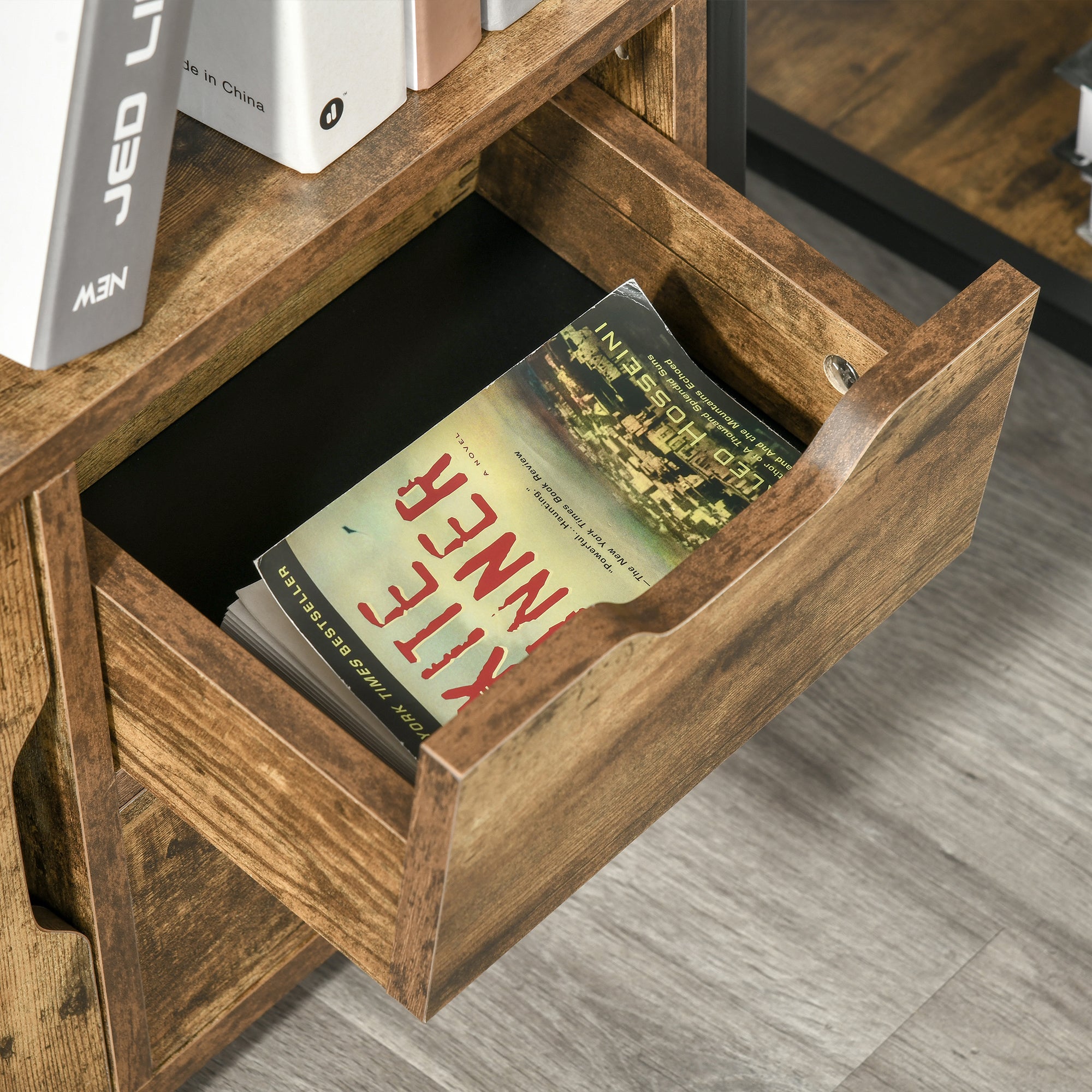 Bibliothèque Style Industriel 3 étagères Placard Porte 2 tiroirs Panneaux Particules Aspect Vieux Bois Acier Noir