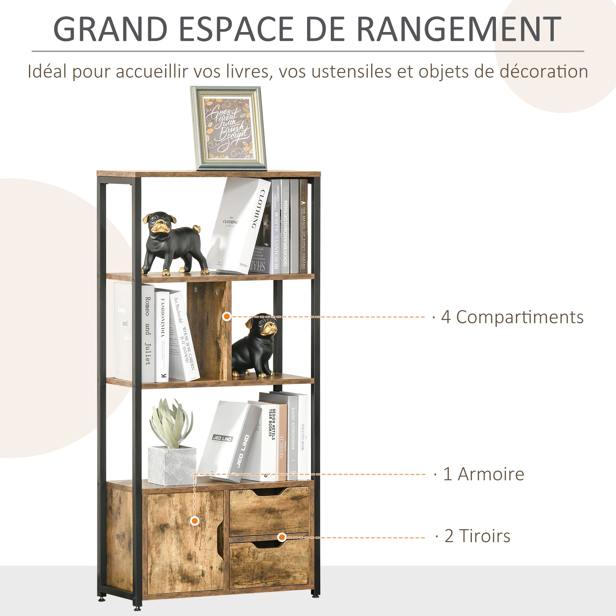 Bibliothèque Style Industriel 3 étagères Placard Porte 2 tiroirs Panneaux Particules Aspect Vieux Bois Acier Noir