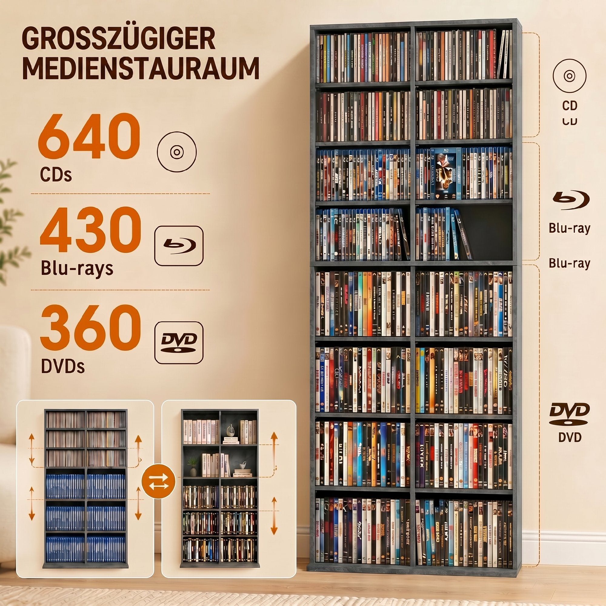Rangements pour CD et DVD, meuble de rangement multimédia, capacité max. 640 CD/360 DVD et 430 Blu-ray, 18 compartiments 14 étagères réglables, pour salon, chambre, 78,5x24x175cm, gris clair