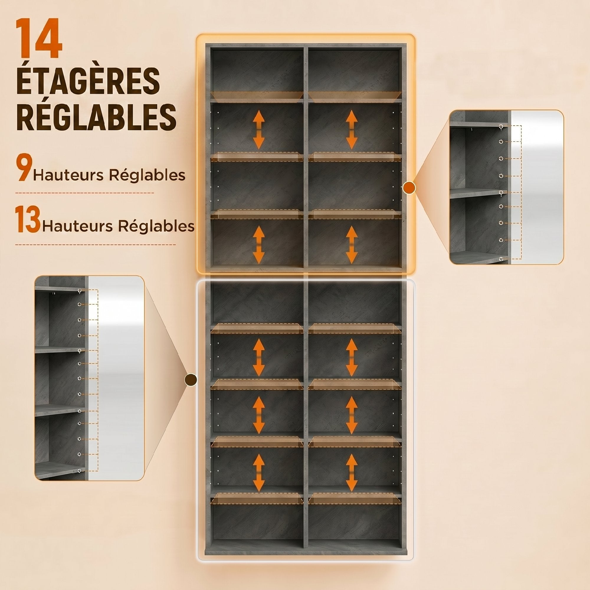 Rangements pour CD et DVD, meuble de rangement multimédia, capacité max. 640 CD/360 DVD et 430 Blu-ray, 18 compartiments 14 étagères réglables, pour salon, chambre, 78,5x24x175cm, gris clair