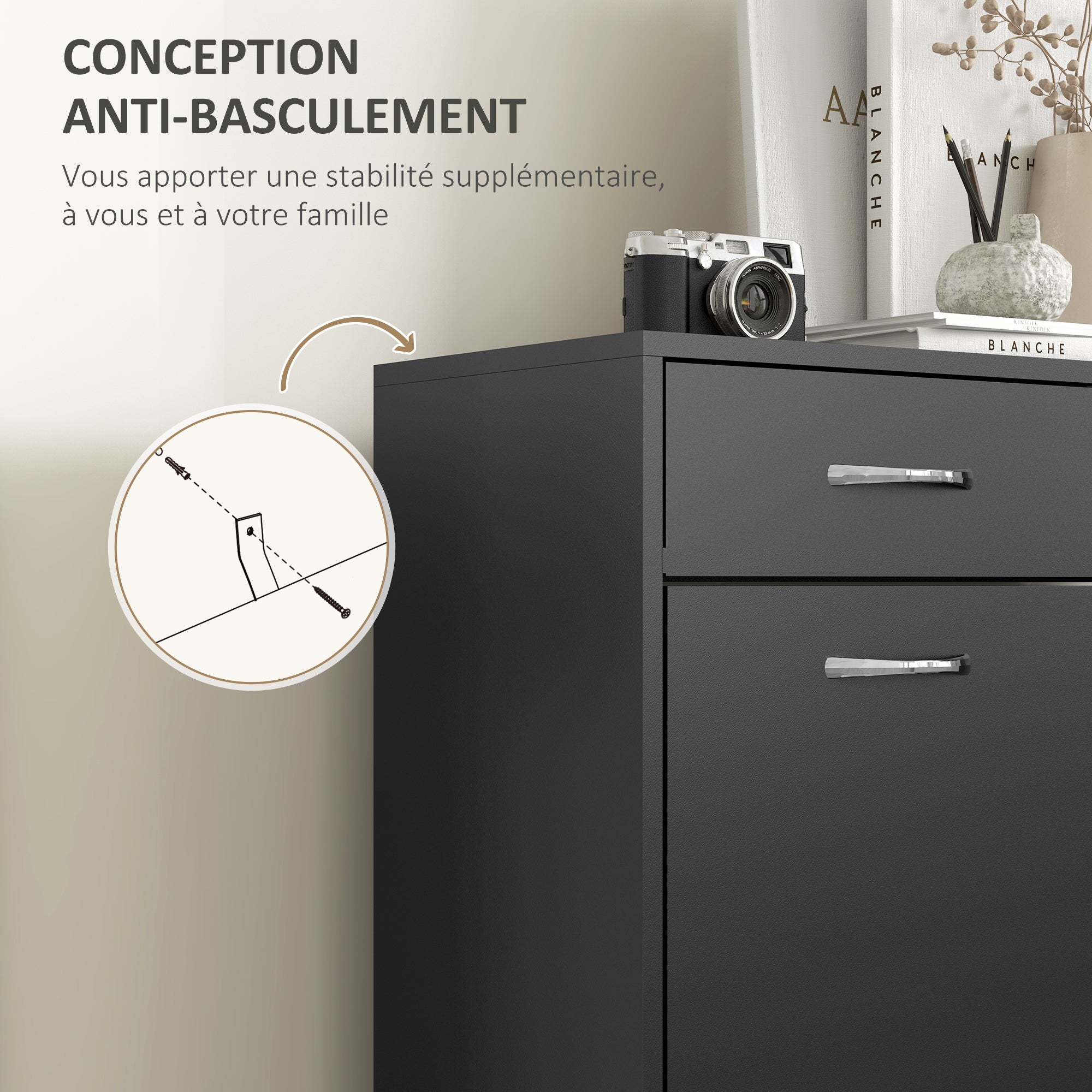 Meuble à chaussures armoire à chaussures - 2 tiroirs et 2 portes abattantes avec étagère réglable - 80 x 30 x 91,5 cm - poignées en aluminium, noir