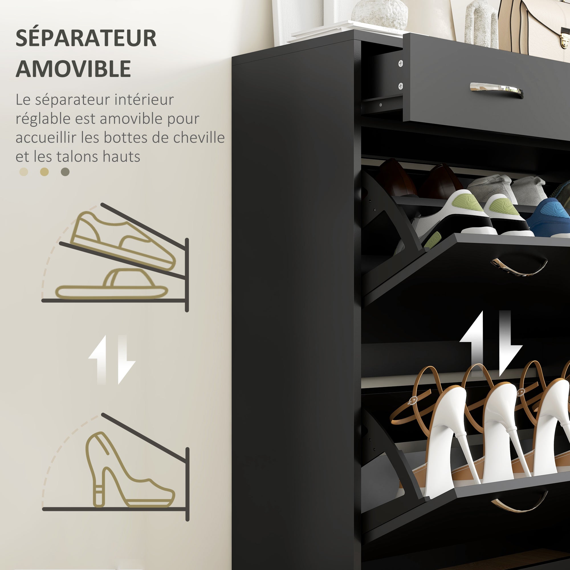 Meuble à chaussures armoire à chaussures - 2 tiroirs et 2 portes abattantes avec étagère réglable - 80 x 30 x 91,5 cm - poignées en aluminium, noir