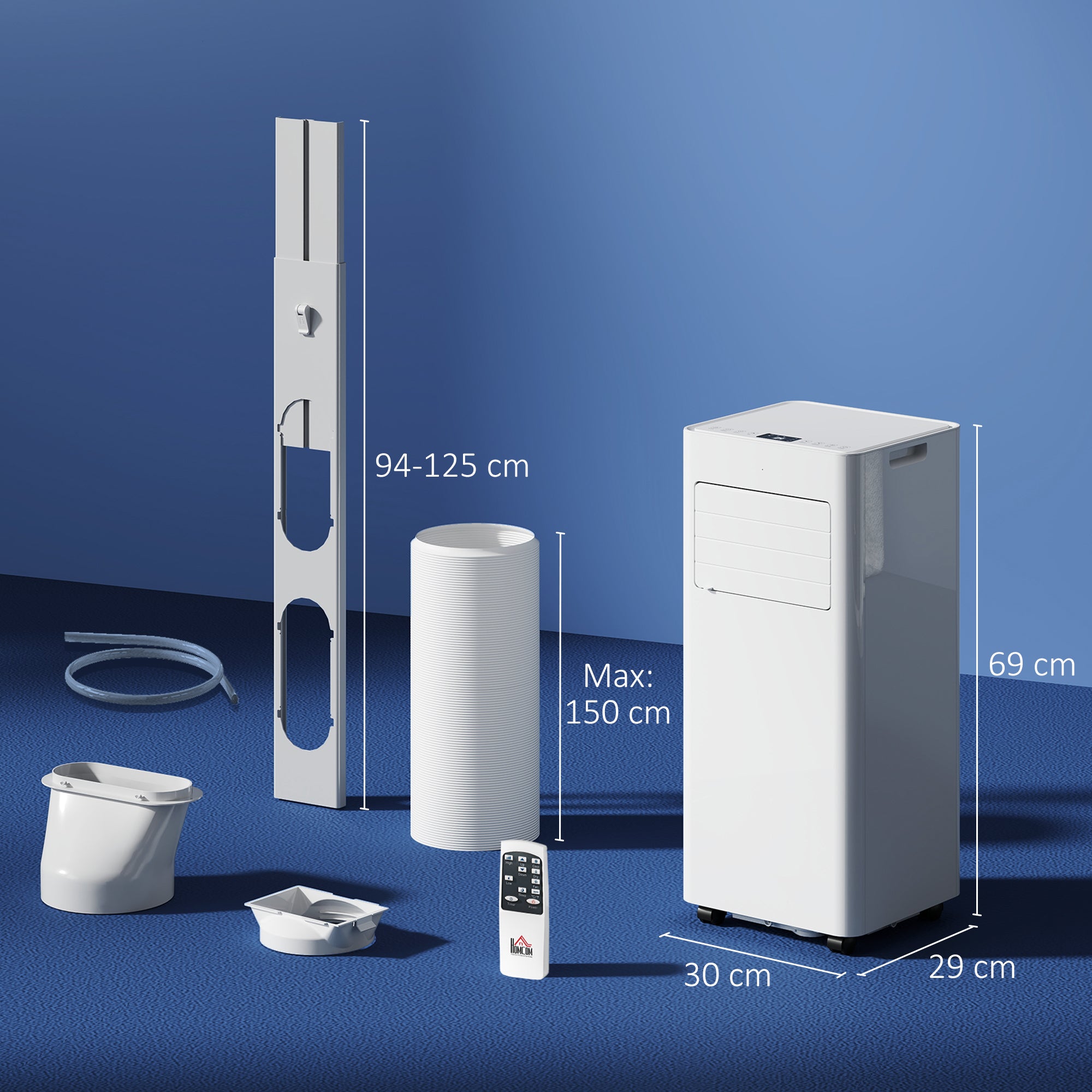 Climatiseur mobile 9000 BTU/H 2,6KW climatiseur portable 3 en 1 refroidissement, ventilateur, déshumidificateur, mode veille, minuterie 24H, 2 vitesses et télécommande, kit d'évacution, blanc