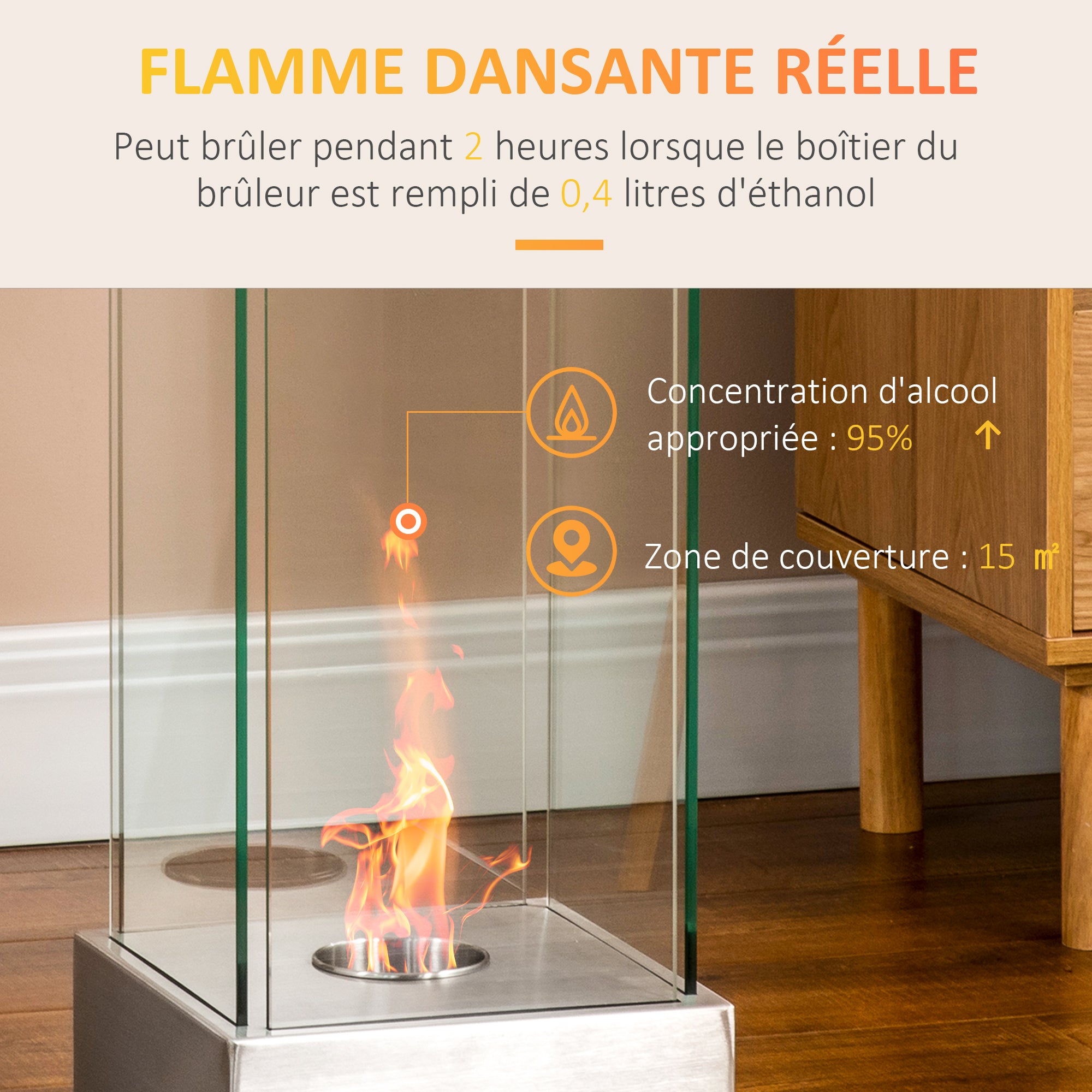 Cheminée éthanol à Poser Cheminée Portable à table avec réservoir 0,4 L Couverture 15 m² - dim. 25L x 25l x 60H cm