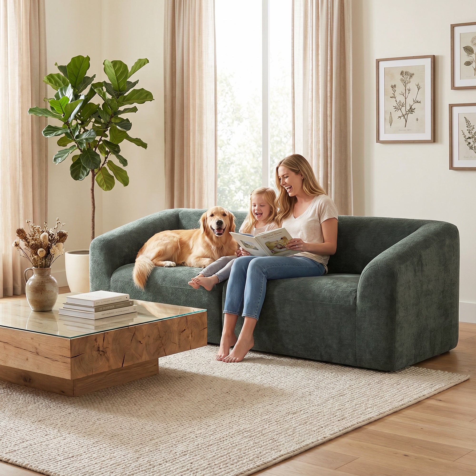 Canapé 3 places en chenille 225 cm, canapé salon rembourré moderne avec assise large, coussin à ressorts, entièrement compressé, pas de montage nécessaire, vert foncé