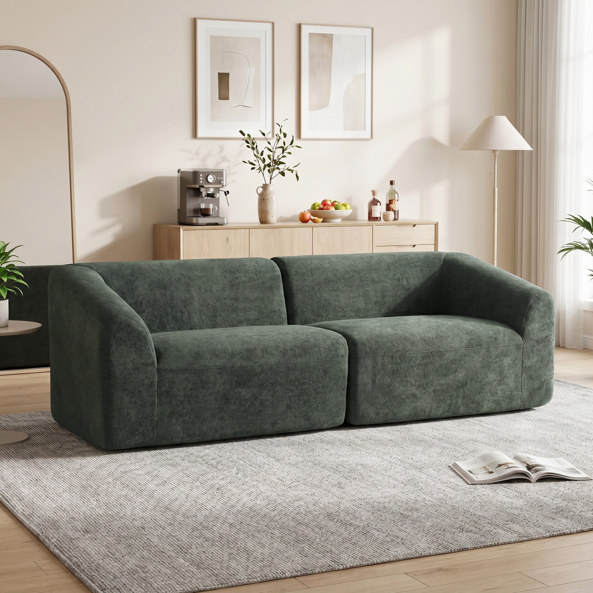 Canapé 3 places en chenille 225 cm, canapé salon rembourré moderne avec assise large, coussin à ressorts, entièrement compressé, pas de montage nécessaire, vert foncé