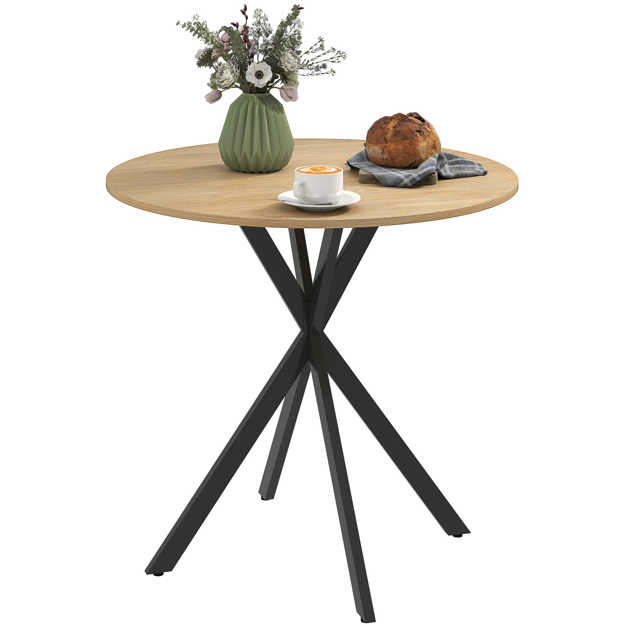 Table à manger ronde pour 2 personnes table de cuisine 80 cm style industriel avec plateau aspect bois et piètement croisé en acier, blanc chêne